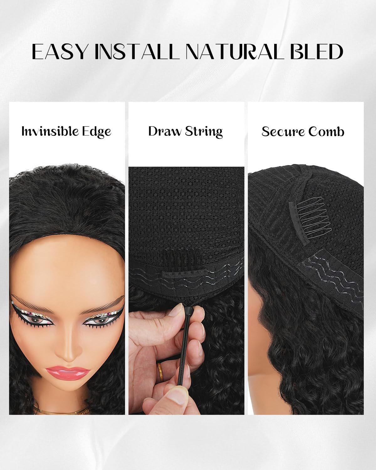 Burmese Curly Half Wig - Human Hair Glueless Drawstring Wig for Black Women | 24-Inch Natural Black, 180% Density