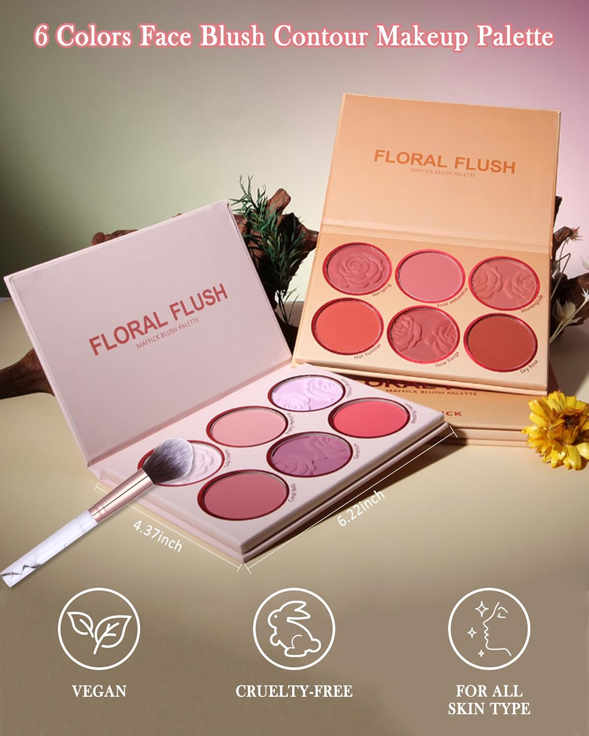 Matte Face Blush Palette - 6 Color High Pigment Mineral Blusher | Blendable Contour Powder for Long-Lasting Cheek Color