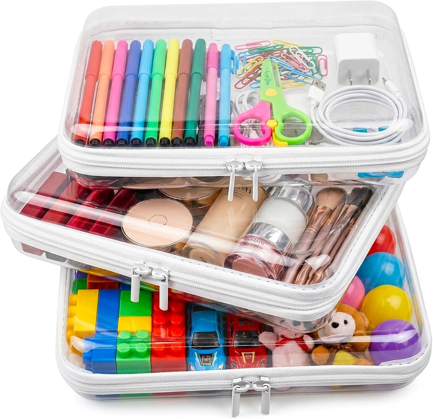 Clear Hard Shell Zipper Case - 3 Pack Large Organizer Pouches for Toys, Travel & Makeup | Waterproof Storage