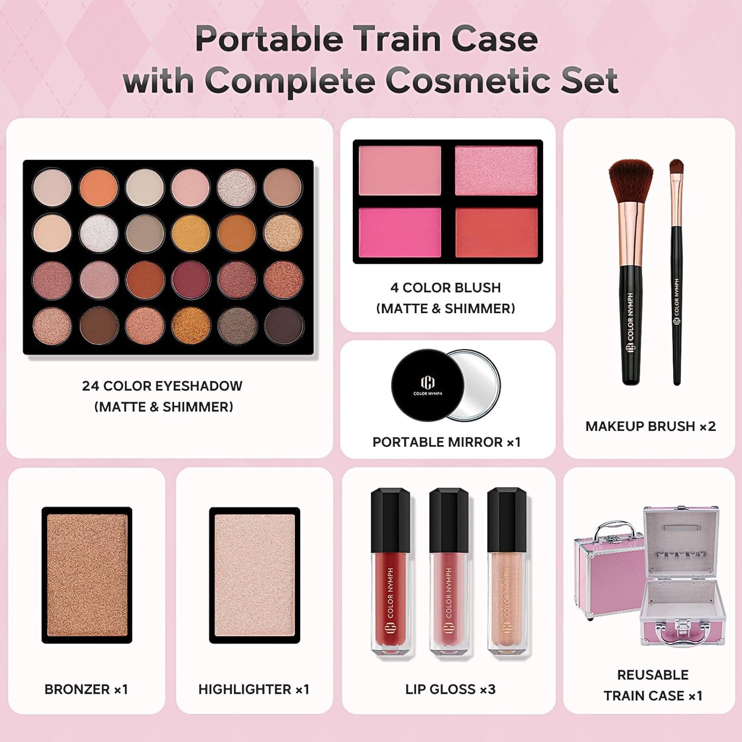 Beginner Makeup Kit for Teens - 24-Color Eyeshadow Palette, Blush, Bronzer & Brushes | Pink Cosmetic Train Case Included