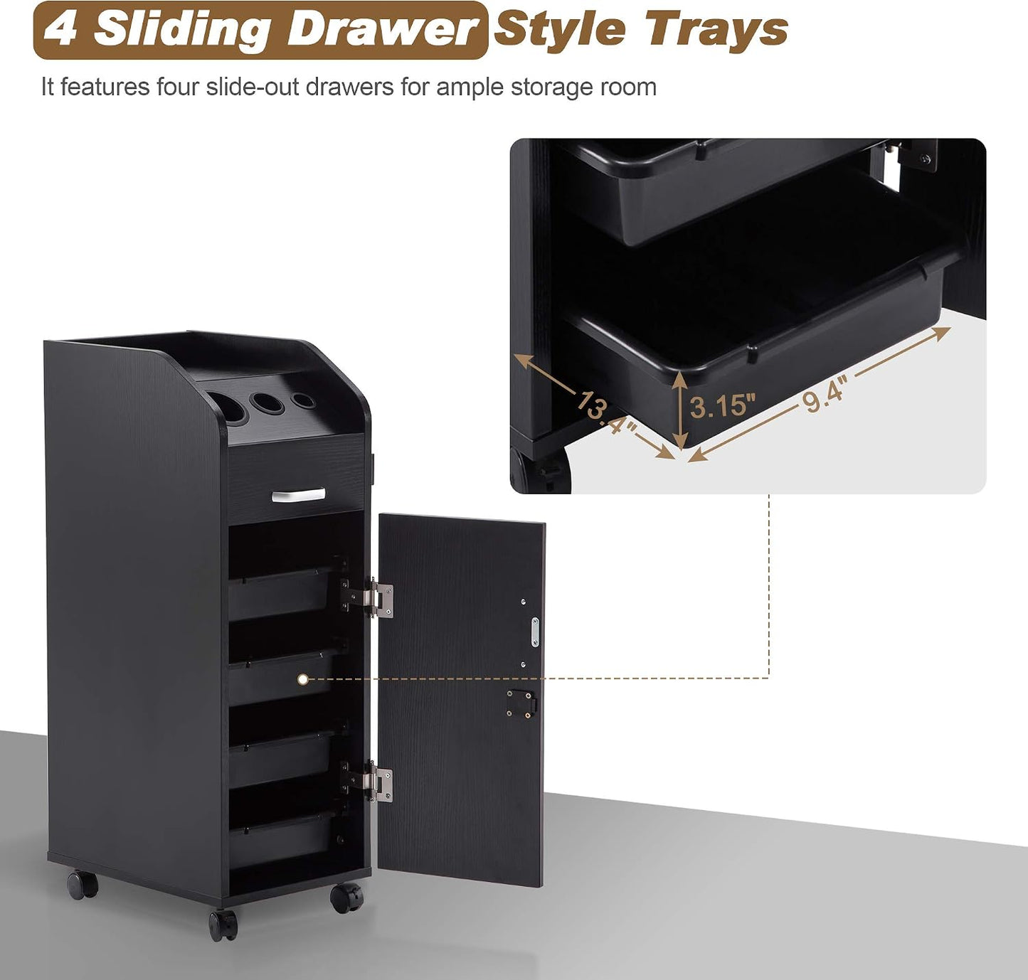 Salon Trolley Storage Cart - Hair Dryer Holder with Lockable Rolling Wheels | Black
