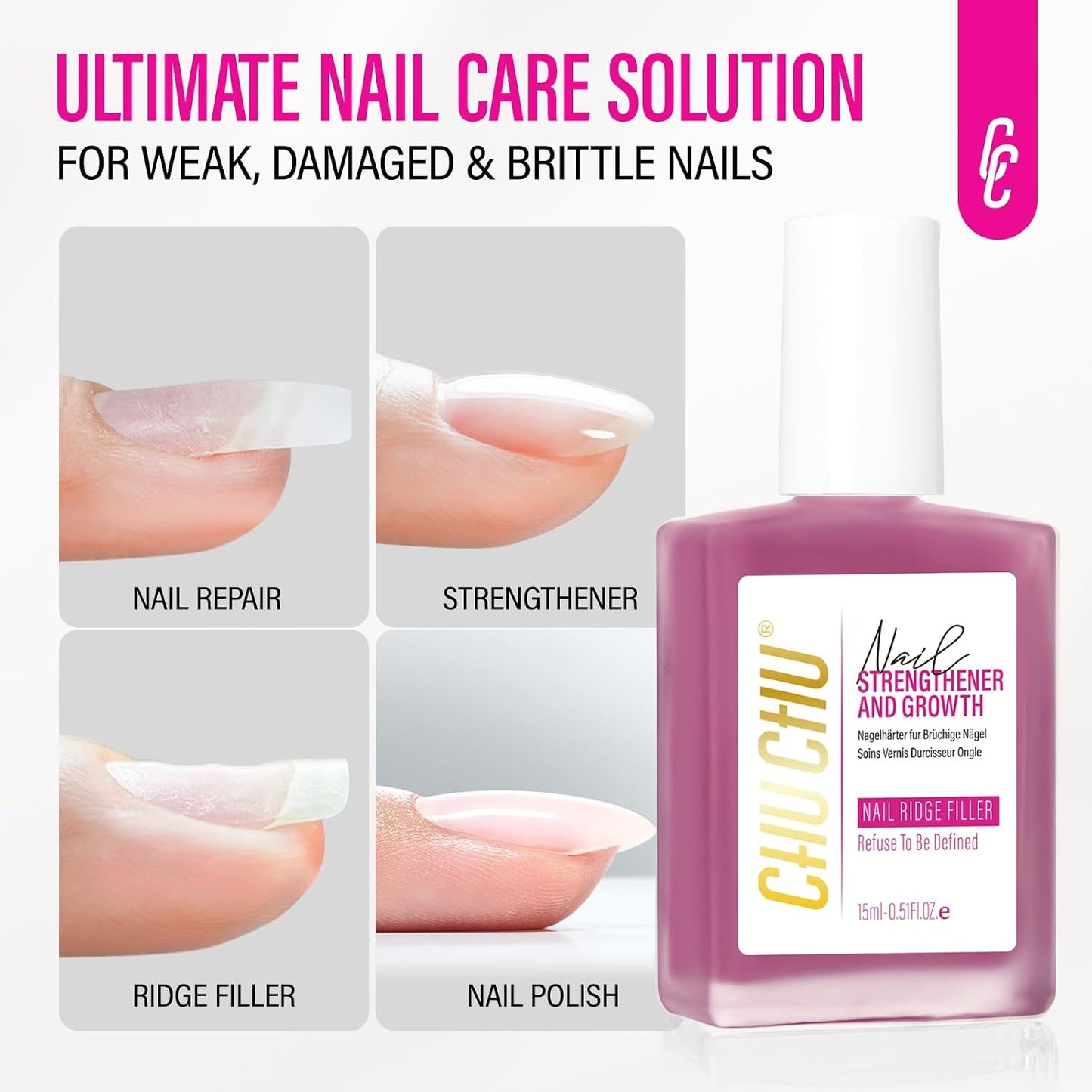 Nail Repair - 8 in 1 Dusty Rose Nail Hardener & Strengthener | Protein Ridge Filler for Weak Nails, 15ml