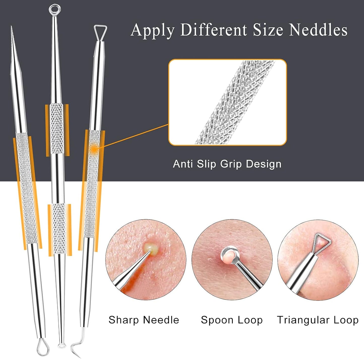 Pimple Popper Tool Kit - 6-Piece Blackhead Remover Set with Metal Case for Easy Pimple & Zit Removal | Silver