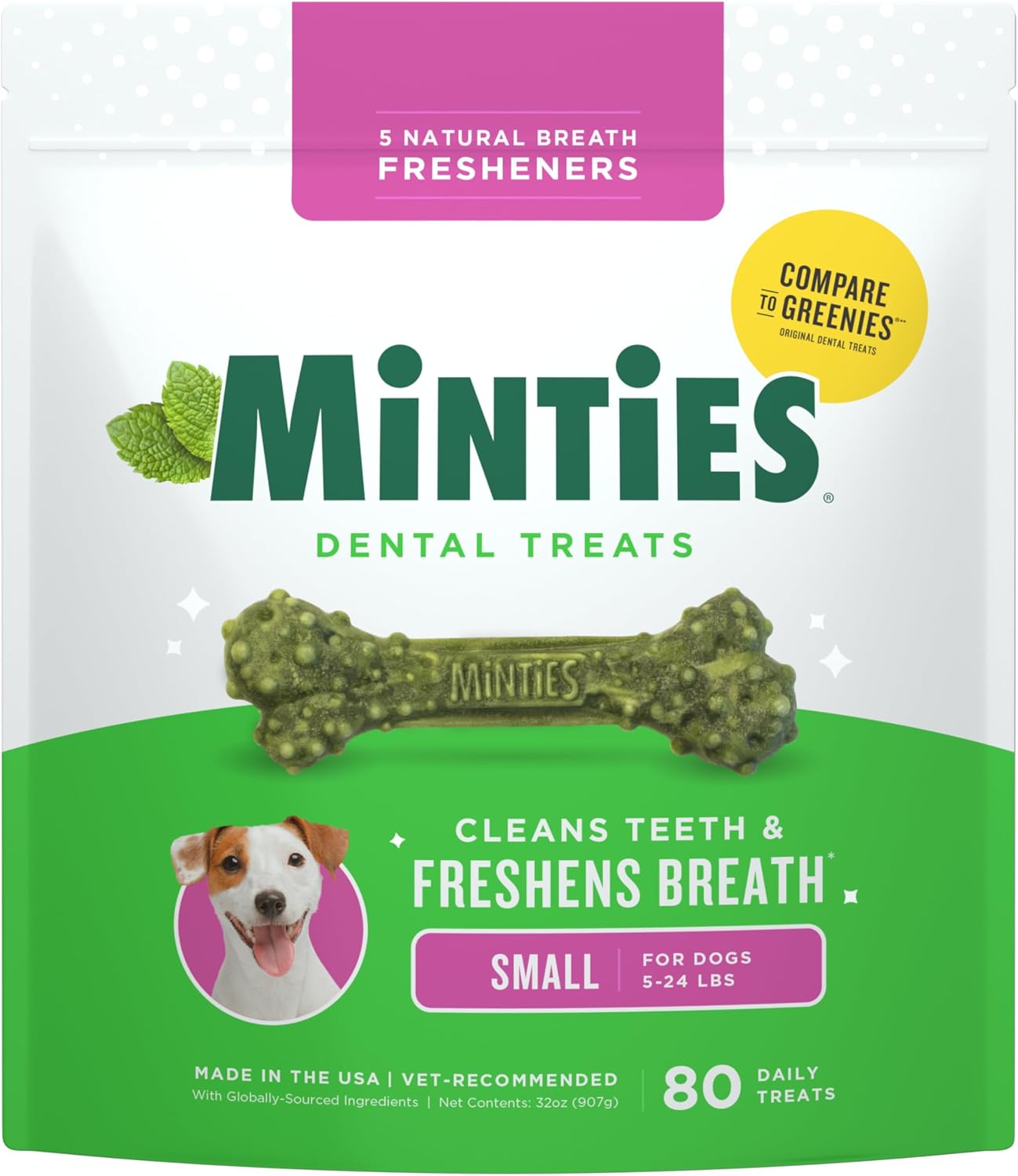 Dog Dental Bone Treats - Minties for Fresh Breath & Clean Teeth | Tiny/Small, 16 Ounces, 40 Count