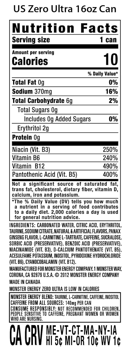 Monster Energy Zero Ultra Sugar Free Energy Drink - 16 Oz | Pack of 15 Cans