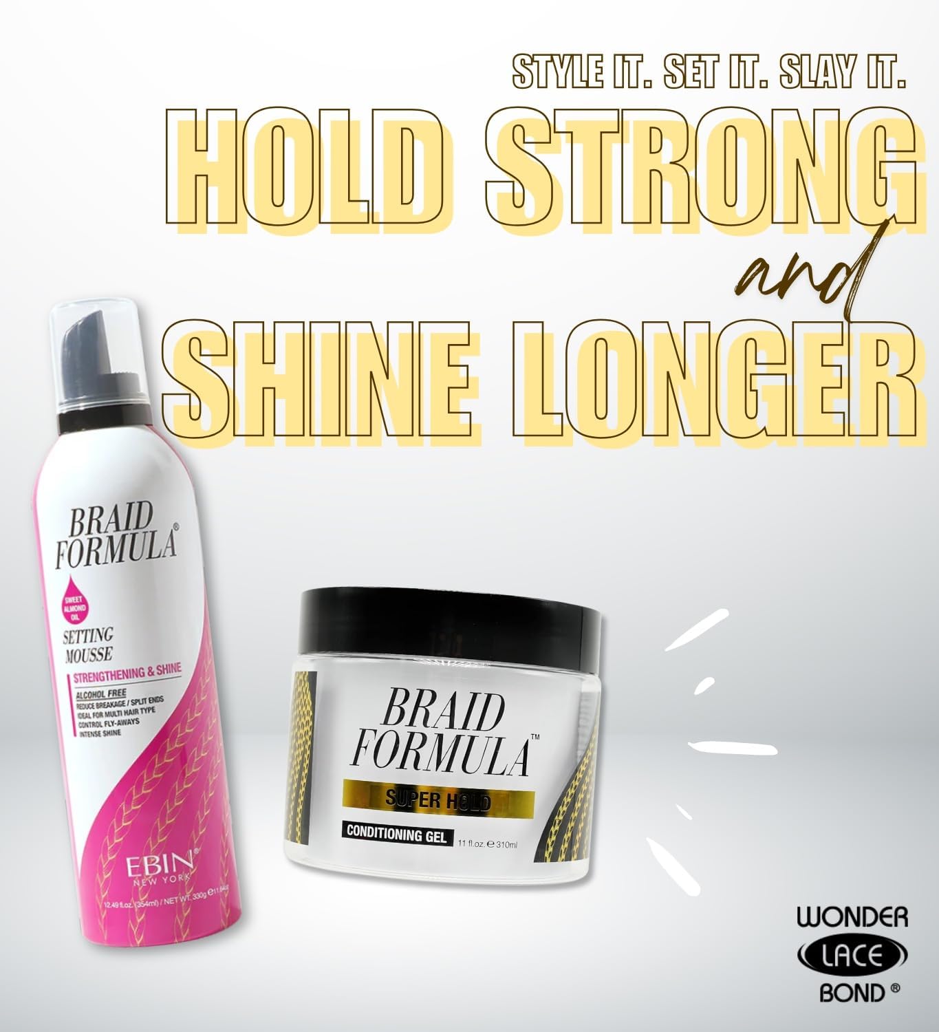 EBIN NEW YORK Braid Formula Conditioning Gel Super Hold 11oz & Setting Mousse Strengthening Shine Sweet Almond Oil 12.49oz Braid Mousse Hair Foam & Gel for Braids – Gift Set (2 Items)