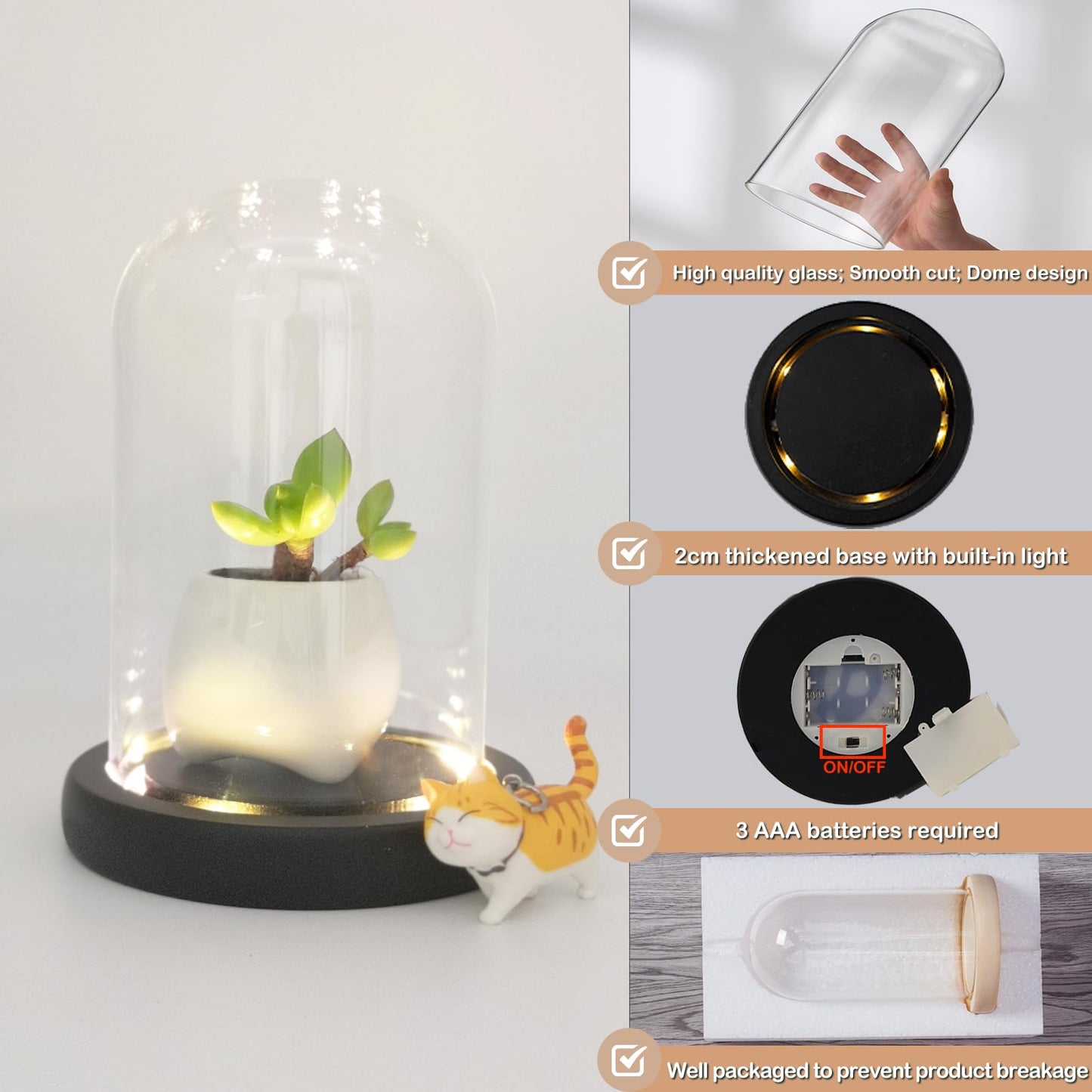 Nynelly 3.54" D X 4.33" H Clear Glass Dome Cloche with Black LED Lights Base,Glass Display Bell Jar Ornament