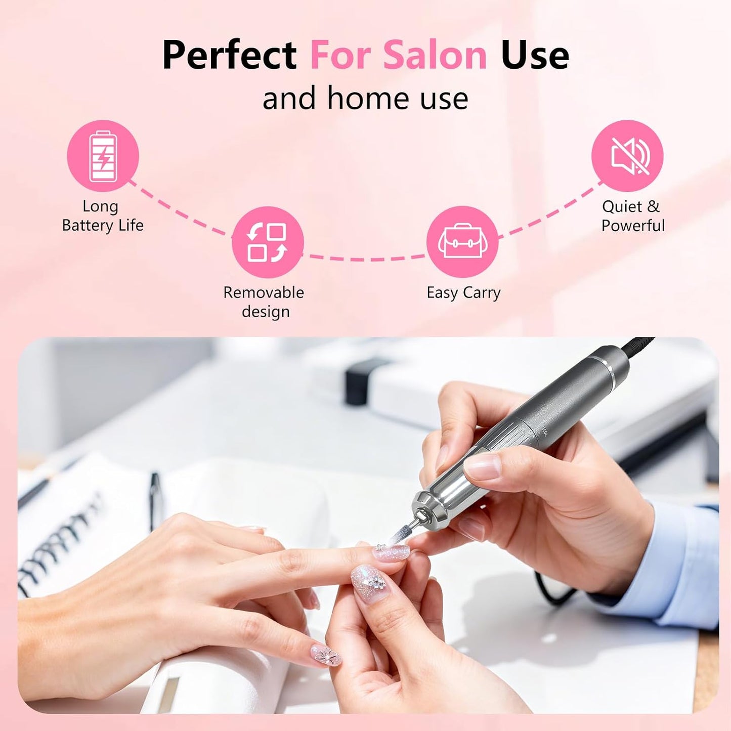Professional Nail Drill - 40000 RPM Cordless Electric Nail File Kit with 6 Bits | Rechargeable Efile for Acrylic Gel Nails, Pink