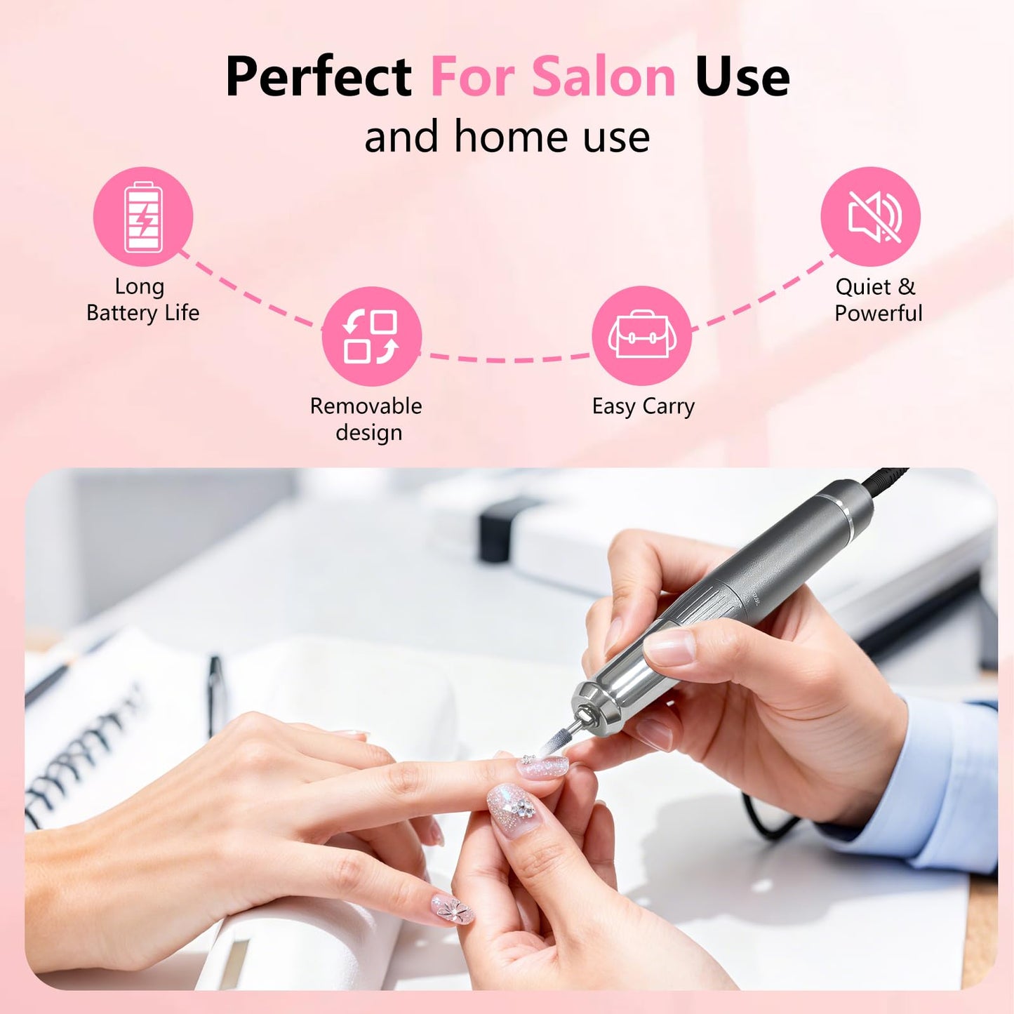 BETE Professional Nail Drill, 40000 RPM Cordless Electric Nail File Kit with 6 Bits, Rechargeable Efile for Acrylic Gel Nails Polishing, Manicure Tools for Salon Home Use, Pink