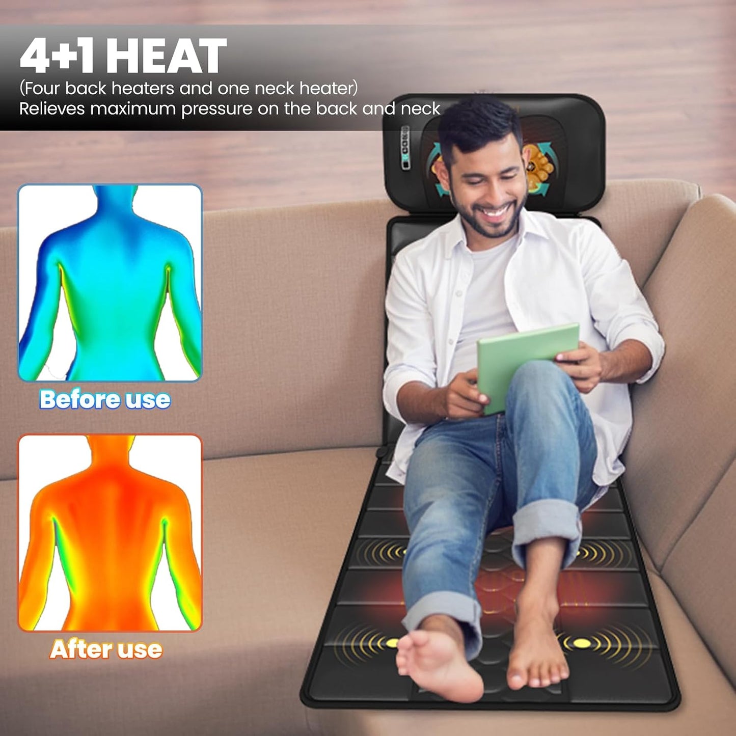 Massage Mat - Full Body Vibration Heating Pad with 10 Motors & 9 Speed Settings | Detachable Neck Massager - Black