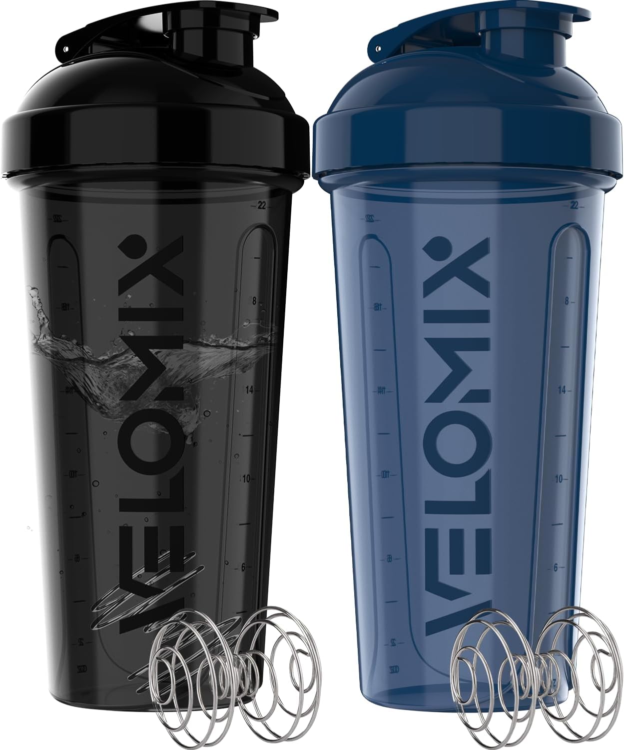 Protein Shaker Bottles - 28 oz Leak Proof Shaker Cups with 2 Wire Whisks | 2-Pack (Black/Transparent)