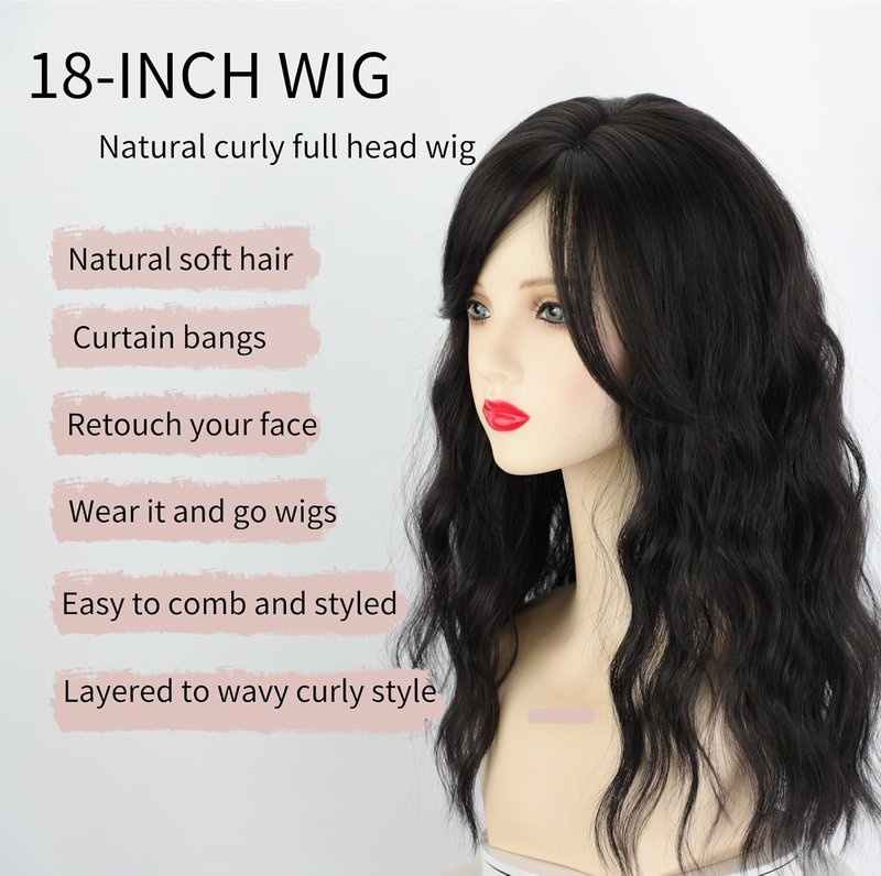 Black Curly Wig for Women - 18-Inch Medium Length with Bangs | Glueless Synthetic Heat-Resistant Hairpiece