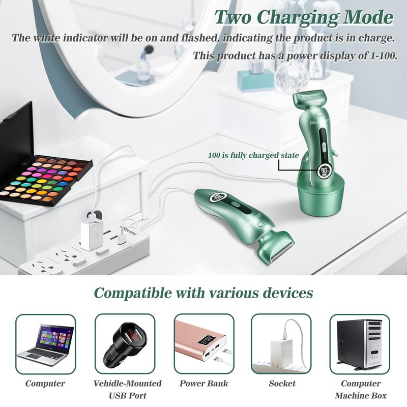 Akunbem Electric Razor for Women for Legs Bikini Trimmer Electric Shaver for Women Underarm Public Hairs Rechargeable Womens Shaver with Detachable Head Wet Dry Use Painless Cordless (Green)