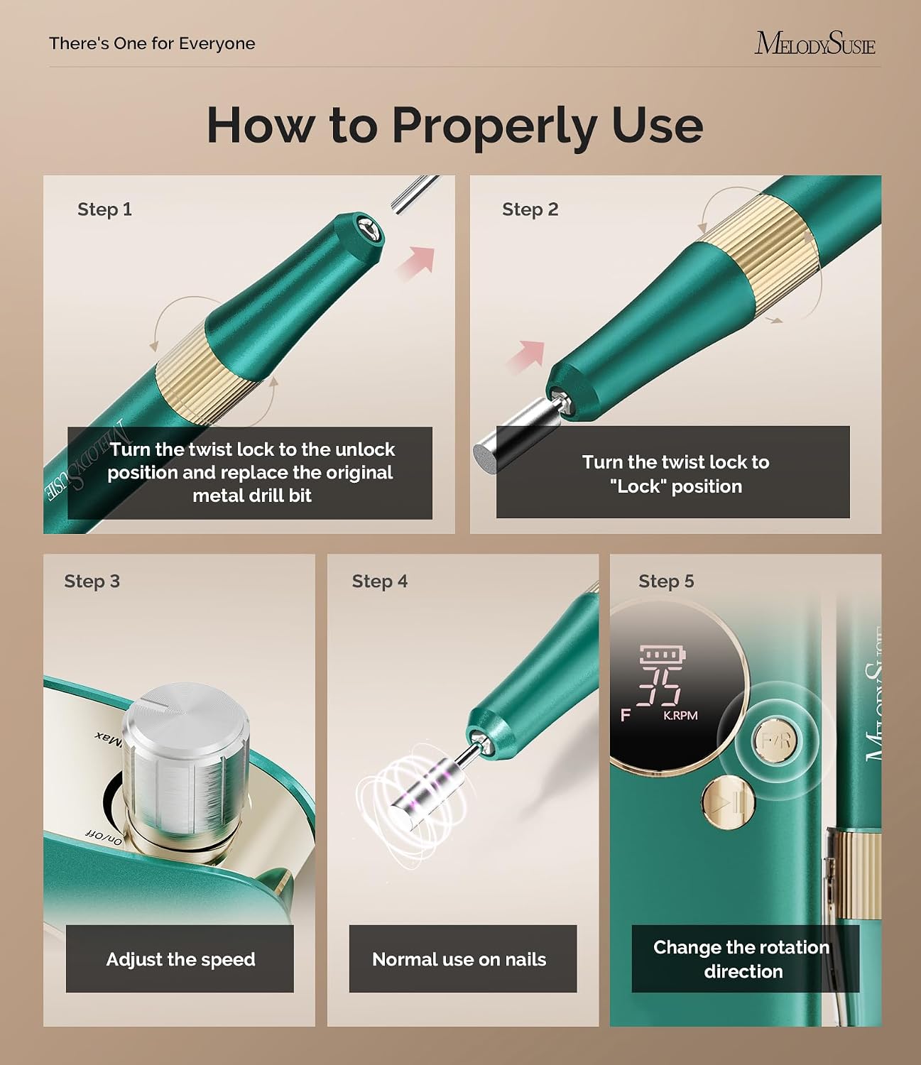 MelodySusie Rechargeable Nail Drill - 35000RPM E-File with Lightweight Handpiece for Manicure & Gel Removal | Home & Salon Use