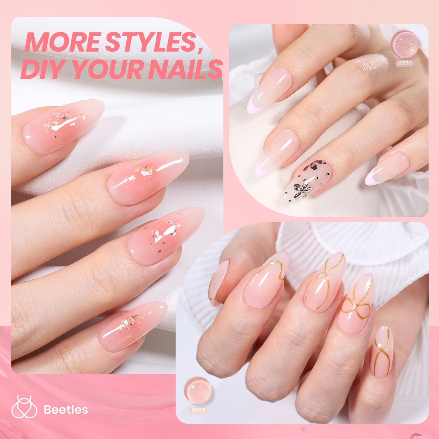 Beetles Nude Gel Nail Polish Set - 6 Colors Pink Jelly Gel Polish Kit Neutral Shimmer Translucent Sheer Gel Soak off Uv Nail Concealer French Nail Art Manicure Gift for Women