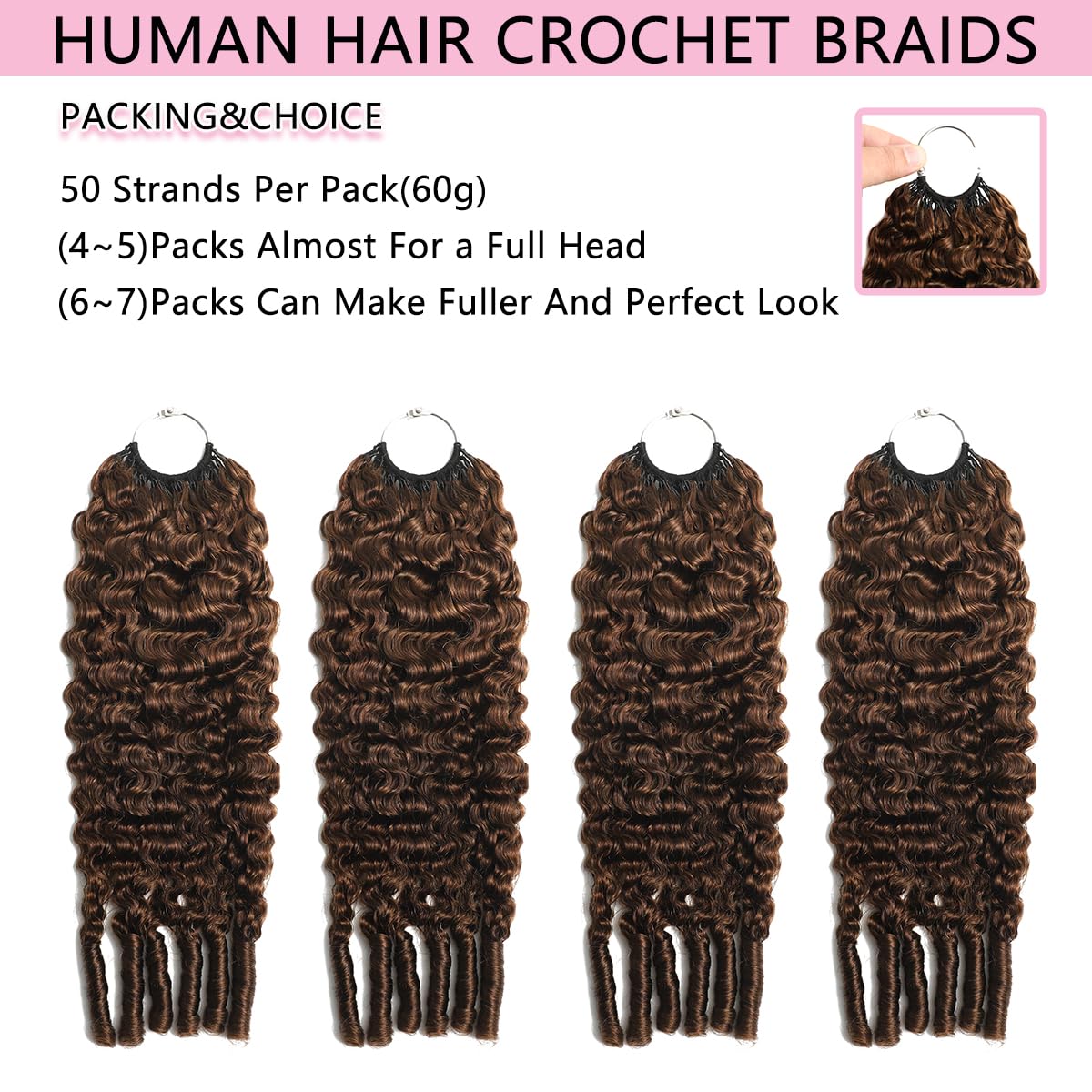 Burmese Curly Feather Crochet Human Hair 24 Inch Chocolate Brown 4# Color Miracle Knots Pre-Separated 100 Strands 120g Human Crochet Hair for Black Women Lightweight Invisible Extensions
