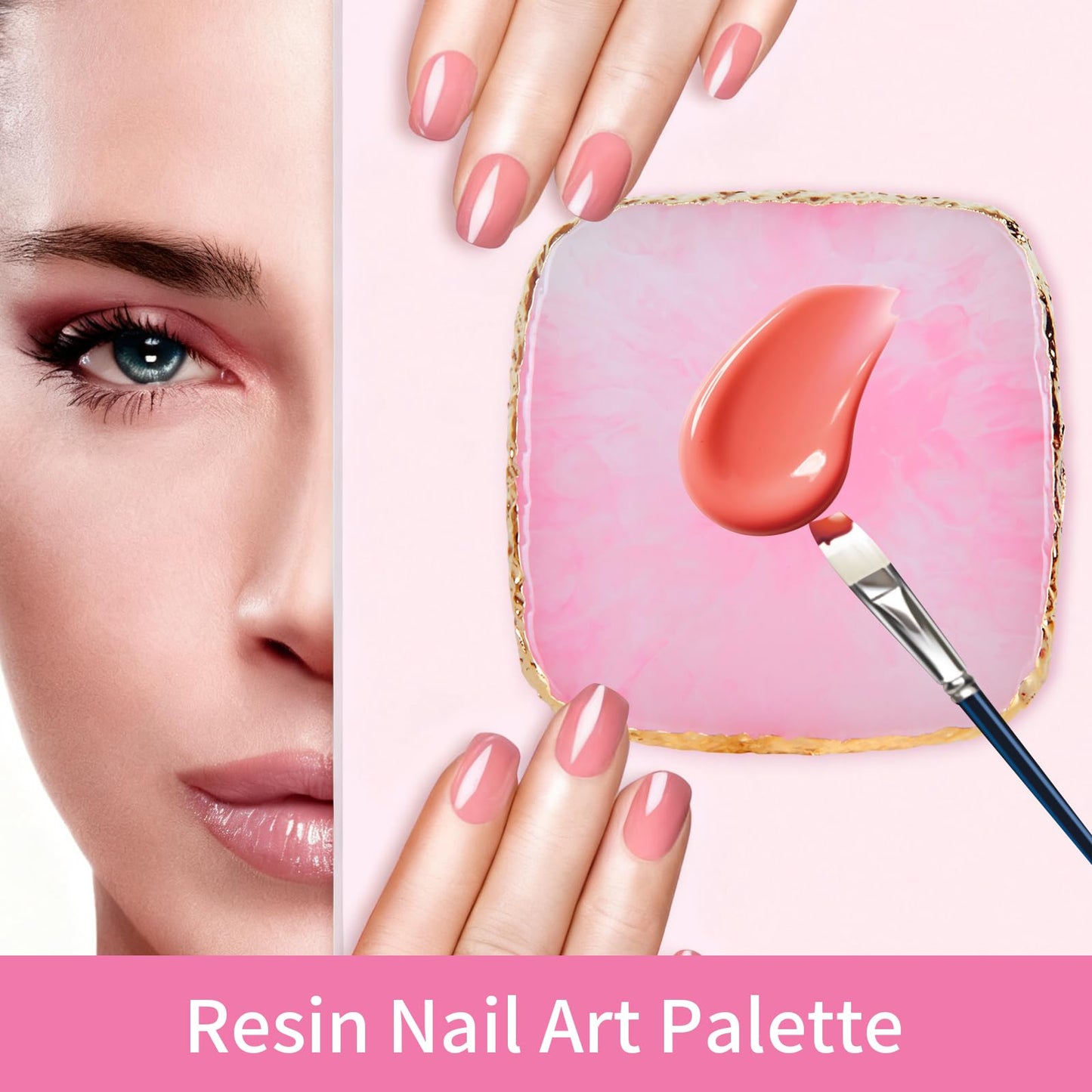 2 Pcs Resin Nail Art Palette,Gold Edge Nail Polish Palette(Pink Green)
