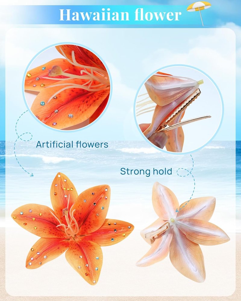 Hawaiian Flower Hair Clips - 3 Pack Tropical Orchid Hair Pins | Rhinestone Accessories for Weddings & Beach Parties (Orange Lily)