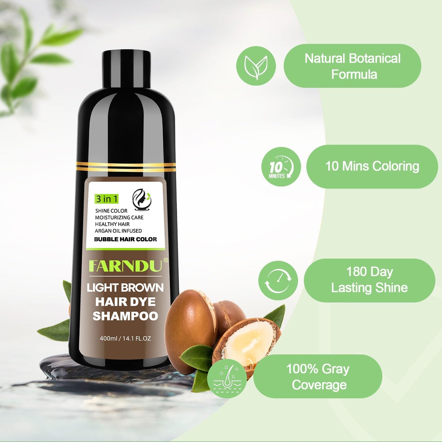 FARNDU Light Brown Hair Dye Shampoo 3 in 1 with Argan Oil – 10-15 Min Gray Coverage, Natural Instant Hair Color Shampoo for Women and Men, Ammonia & Paraben Free, Long-Lasting Up to 6 Months