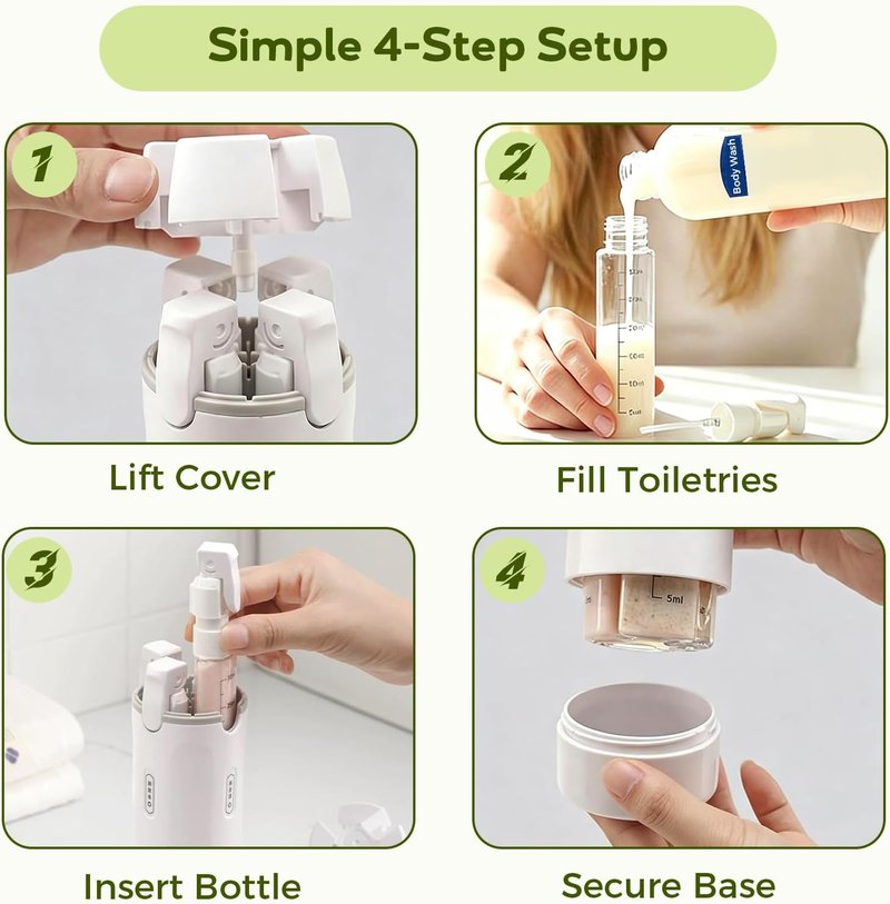 Travel Dispenser Bottle Set - 4 in 1 Refillable Containers for Shampoo, Lotion & Conditioner | Portable Travel Size (2 Pack, White & Green)