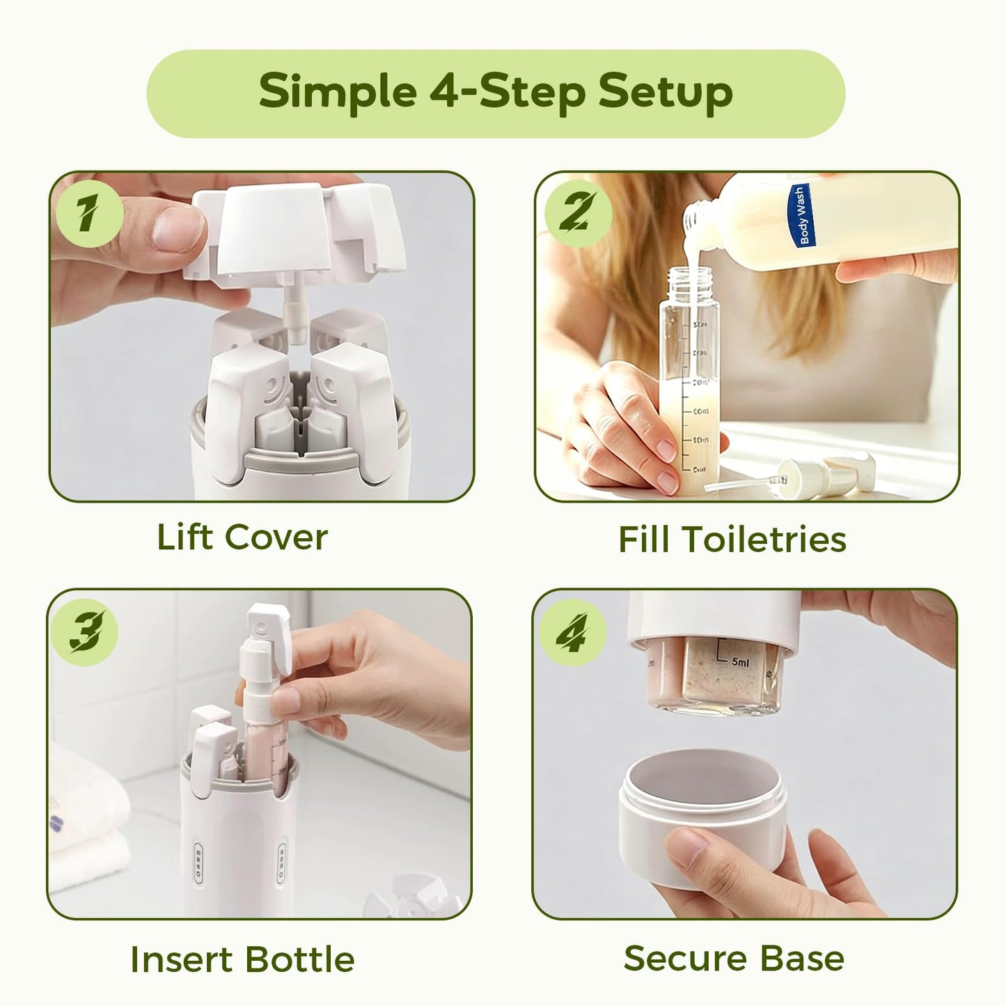 Sniqafo 4 in 1 Travel Dispenser Bottle, Portable Refillable Travel Size Containers with Labels for Shampoo Lotion Conditioner, Perfect for Gym Camping Business Trip Vacation (2 Pack, White+Green)