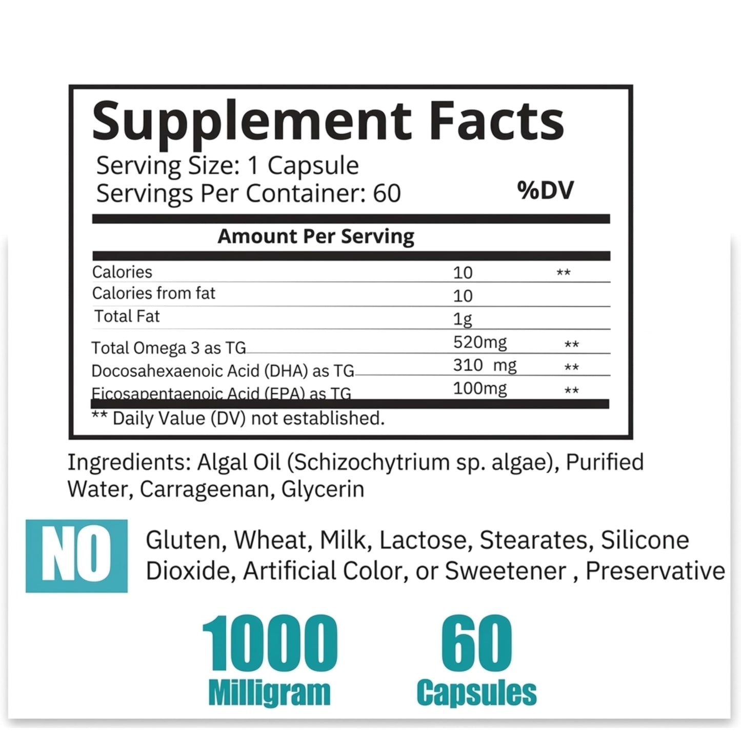 Vegan Omega 3 Algae DHA 410mg Supplement | No Fishy Aftertaste | Heart Brain | Schizochytrium sp DHA EPA Algae Oil 60ct