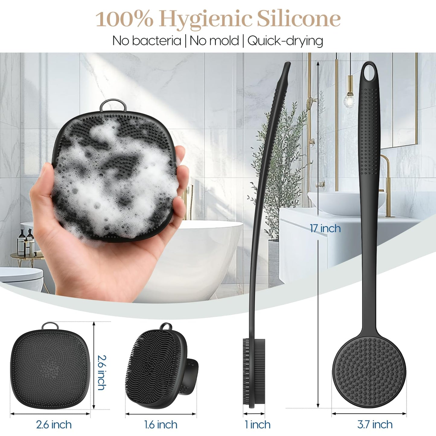 Back Scrubber for Shower & Face Scrubber, 2Pcs Silicone Exfoliating Brush Set with 17In Long Handle, Soft Body & Facial Cleansing Scrubber for Men Women