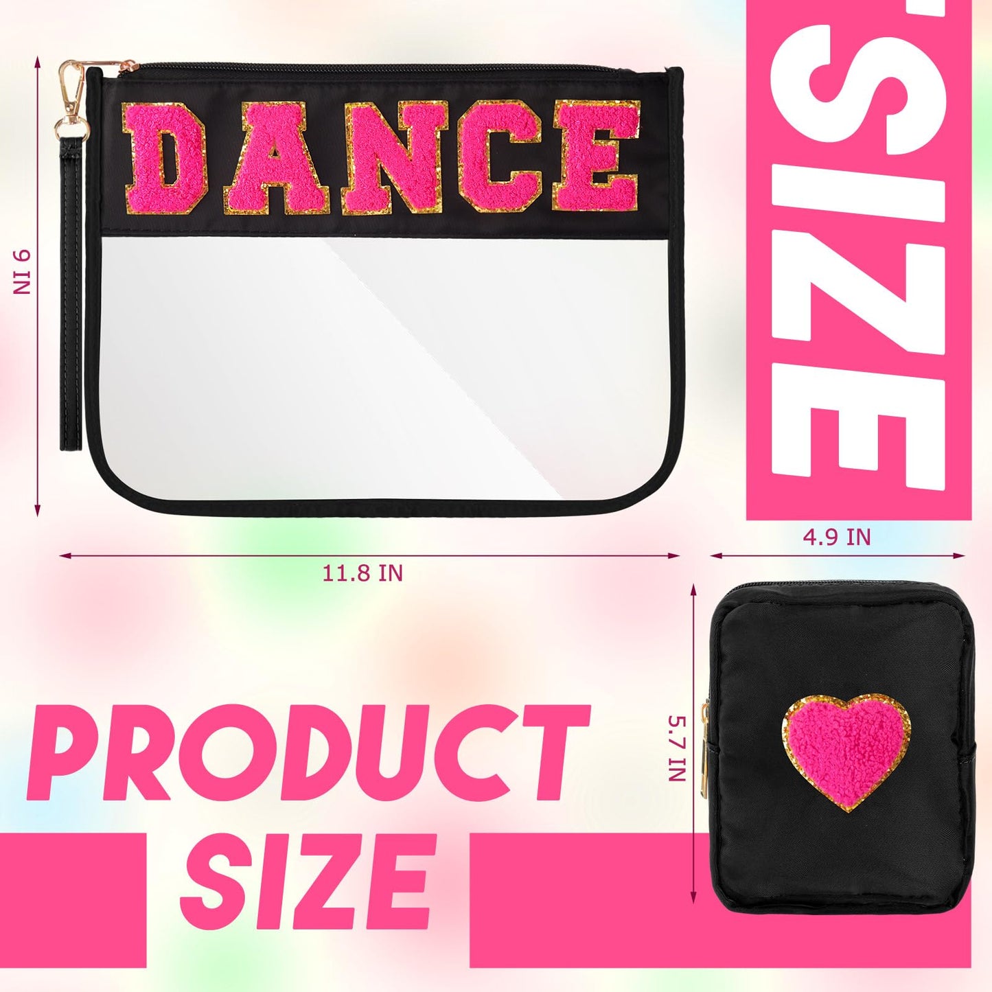 Hillban 2 Pcs Dance Recital Gifts Makeup Bags Chenille Letter Bags for Dance Team Gifts PVC Clear Cheer Case Toiletry Zipper Pouch for Women Ballet Competition Accessories Dancer Stuff