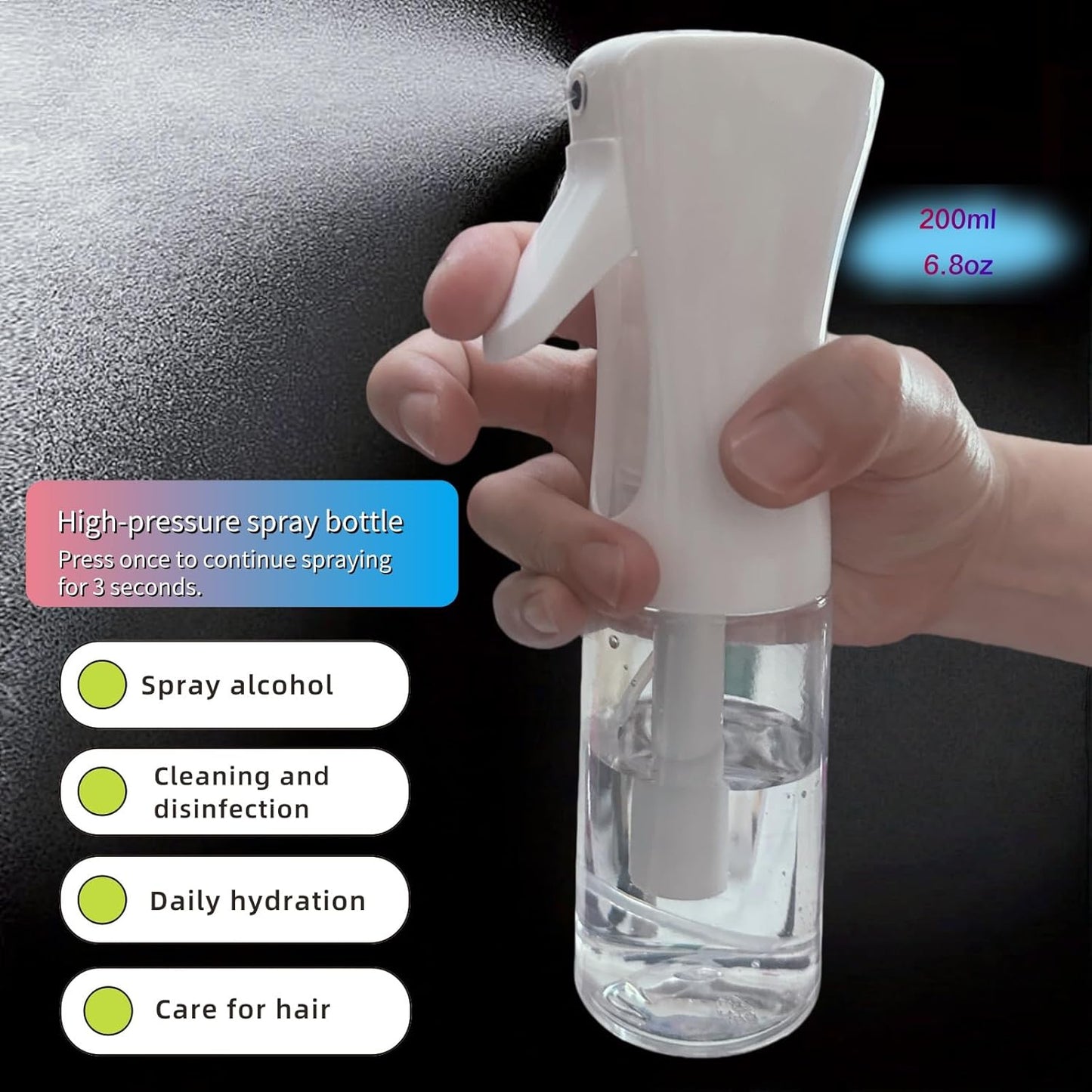 Continuous Spray Bottles - Ultra Fine Mist Sprayer for Hair, Cleaning & Plants | 6.8 OZ (2 Pack)