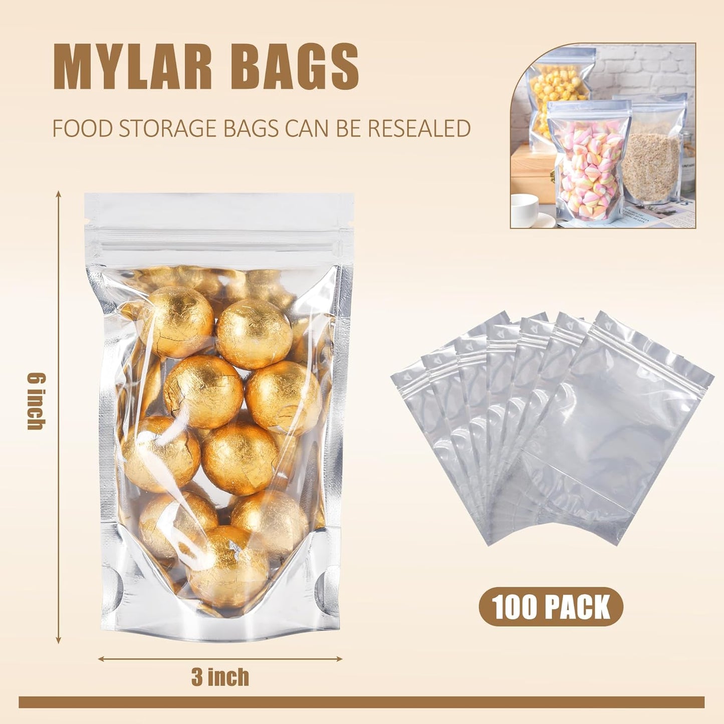 Mylar Bags for Food Storage - Resealable 100 Pack | Silver 3x6 Inches