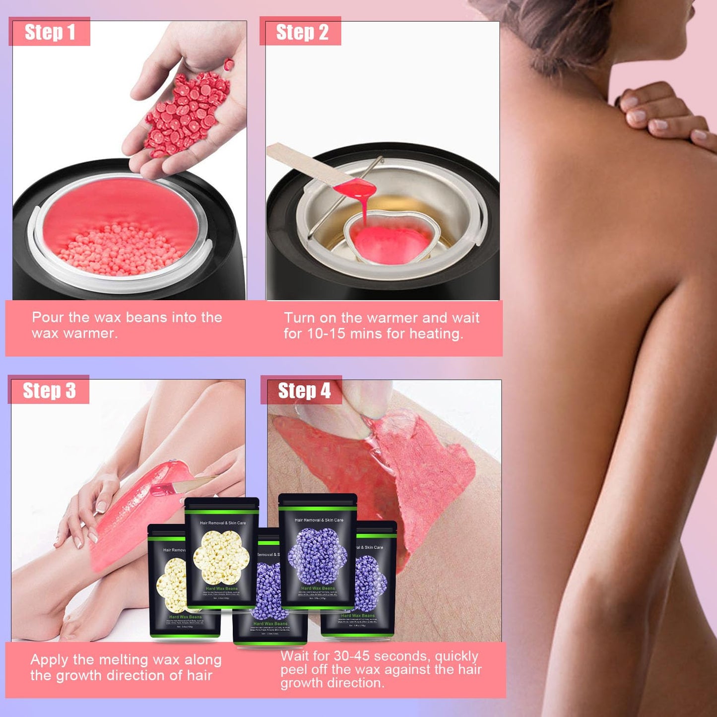 Auperwel Wax Beads for Hair Removal 1.1 lb (17.6 oz), Hard Wax Waxing Beads Kit for Sensitive Skin Brazilian, Face, Bikini, Eyebrow, Legs, Painless for Women Men, 5 packs with 10 Sticks