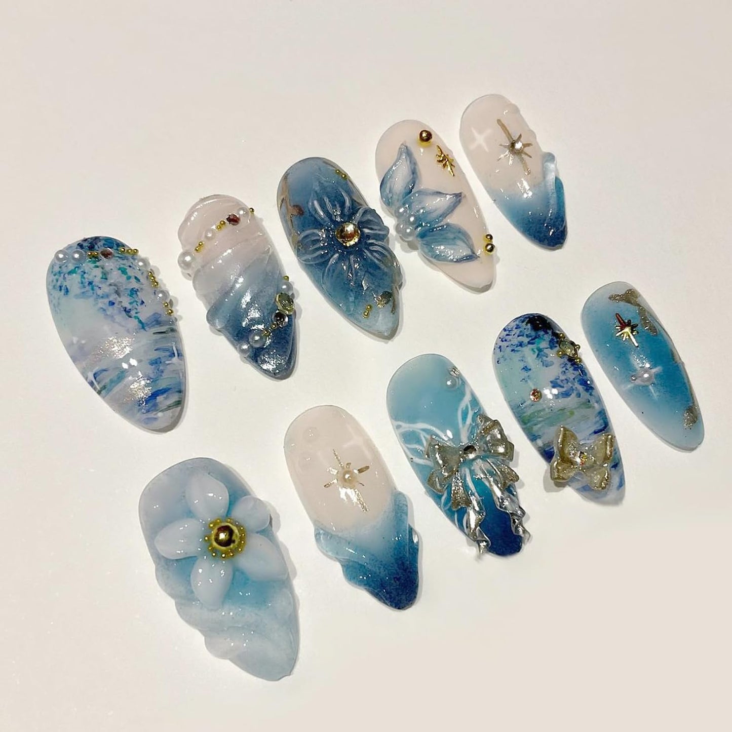 Handmade Blue Press-On Nails - 30Pcs Medium Almond Design with Gold Beads & Rhinestones | Full Cover 3D Butterfly & Flower Patterns