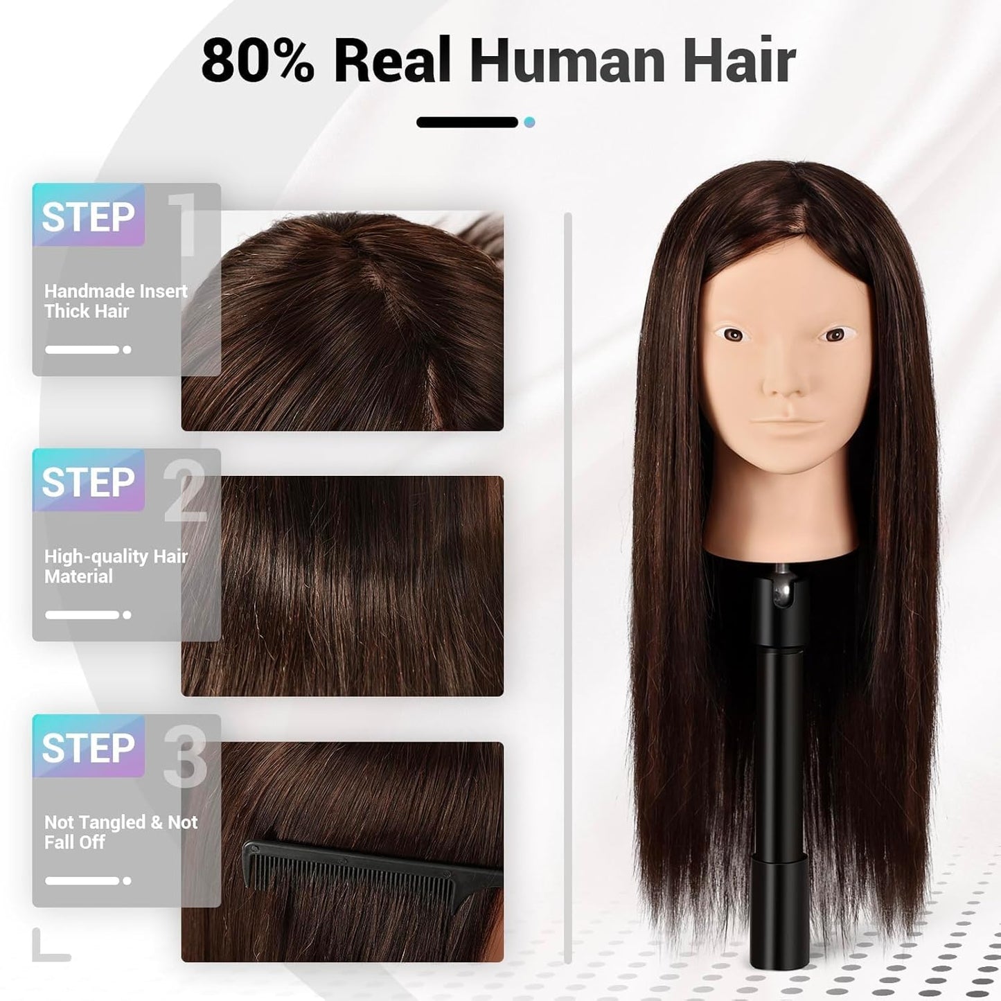 Mannequin Head - 26" Straight Hair Manikin with 80% Human Hair | Cosmetology Training Doll, Dark Brown