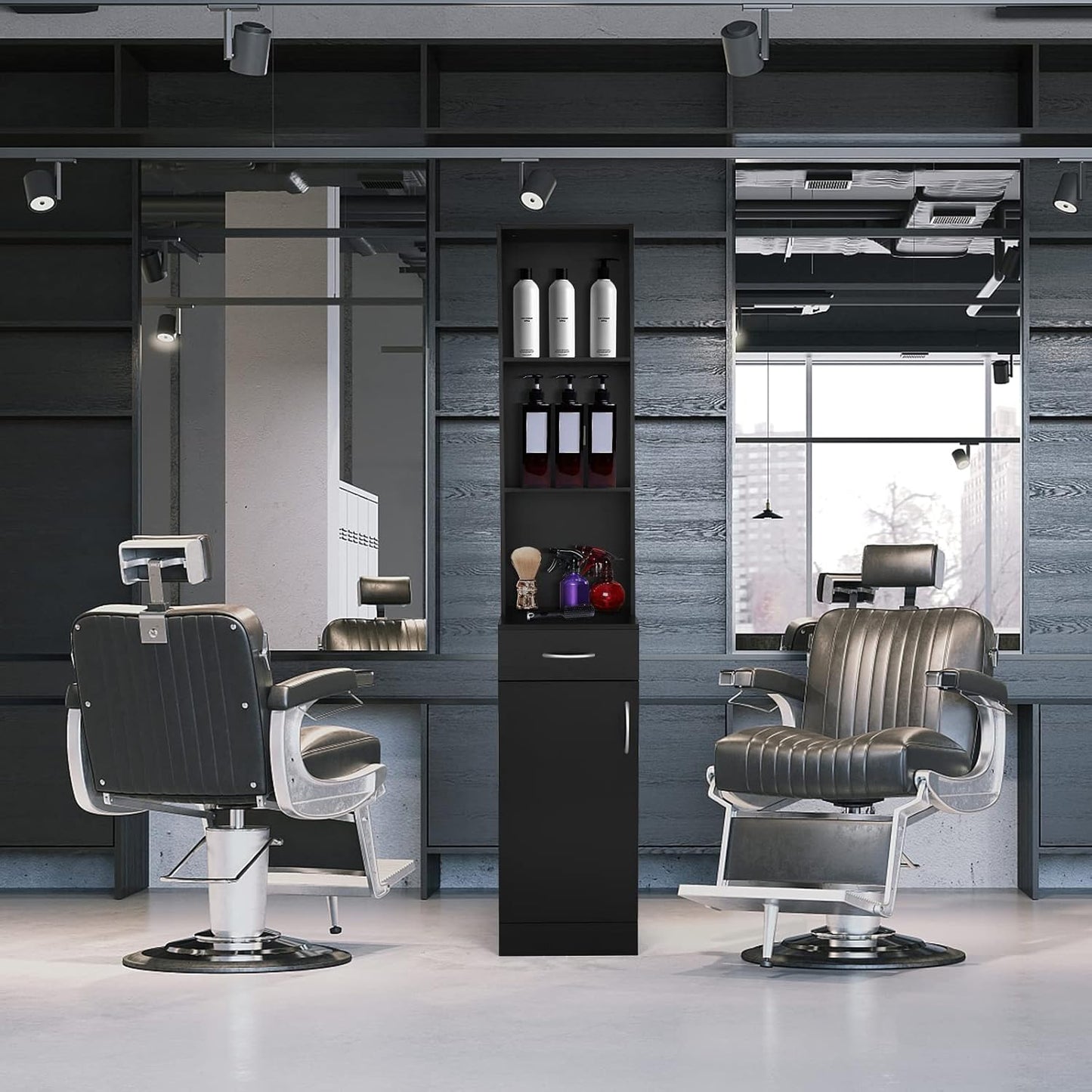 Salon Station - Barber Hair Stylist Storage Cabinet with 5 Compartments & Drawer | Durable MDF, Black