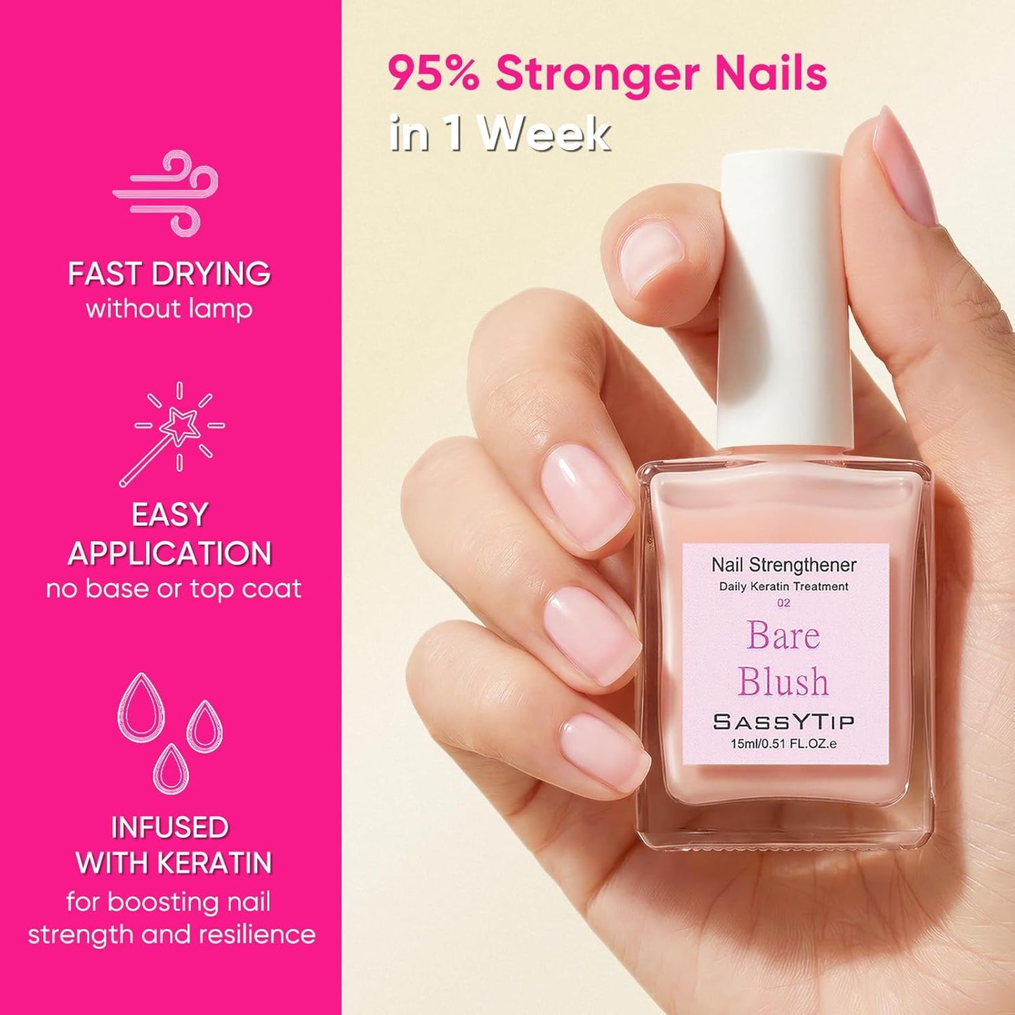 Nail Strengthener for Damaged Nails - Keratin Hardener & Growth Treatment | Jojoba Oil, 15ml (Nude)