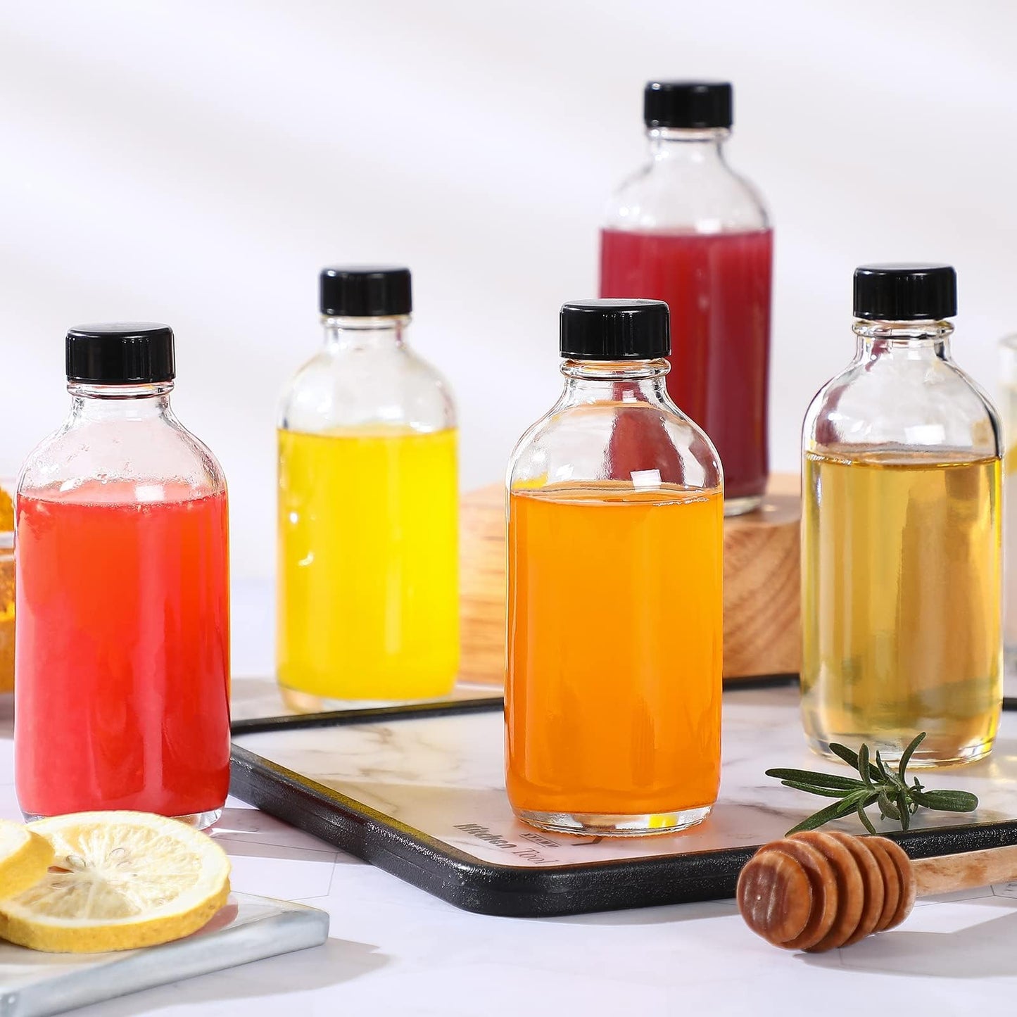 10 Pack, 4 oz Small Clear Glass Bottles w/Lids & 3 Stainless Steel Funnel - 120ml Boston Round Sample Bottle for Potion, Juice, Ginger Shot, Wellness, Oils, Whiskey, Liquids - Leakproof Travel Bottle