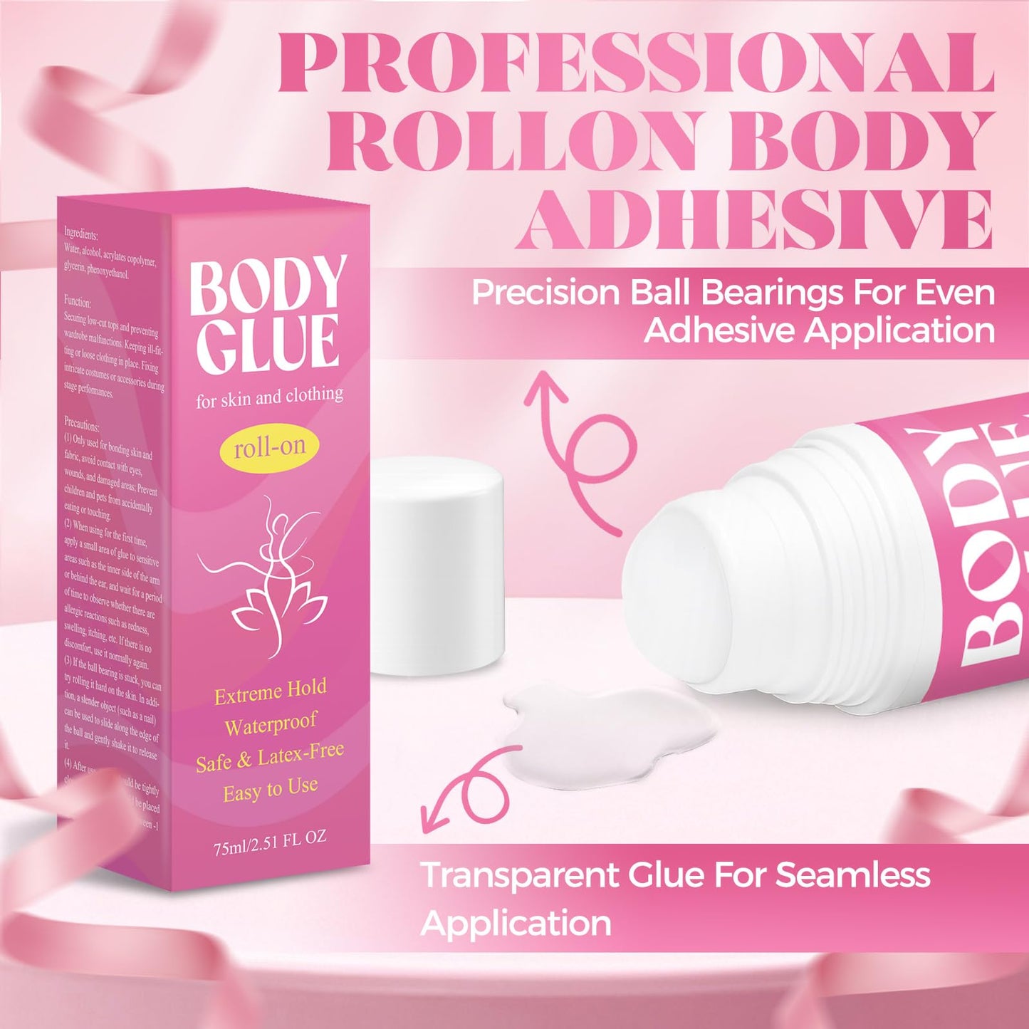 Body Glue for Clothes & Skin 2.54 Oz, Body Adhesive Roll-On, Sweat Resistant, Water Wash Off Butt Glue, Strong Fashion Glue for Dancers, Stagewear, Wigs, Socks, Bras & Costumes(75ml)