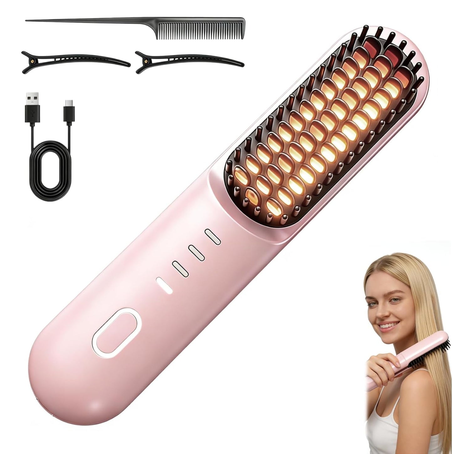 Go Brush Pro Cordless Hair Straightening Brush - 2026 Upgrade with 4 Heat Settings, MCH Ceramic Care | Pink
