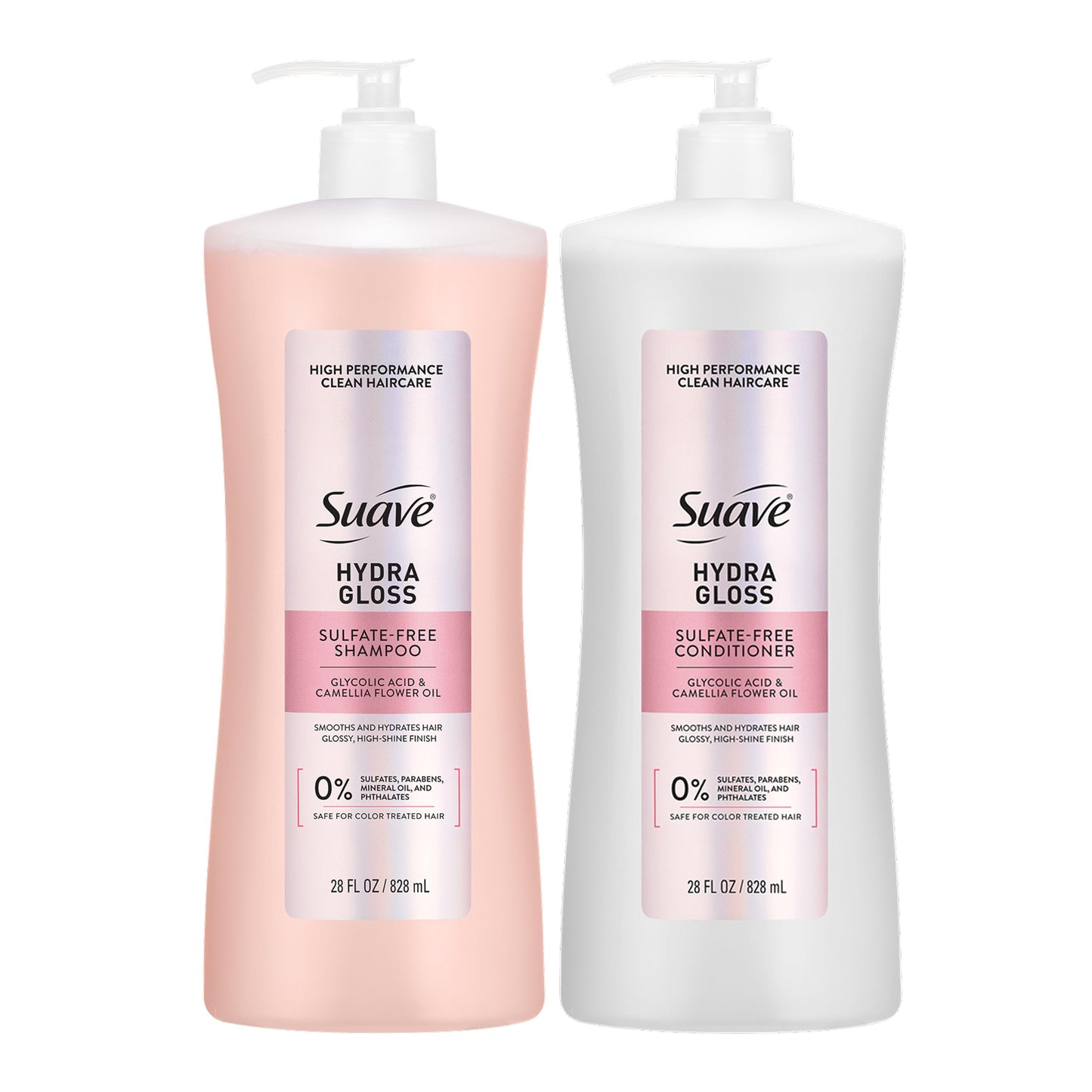 Suave Hydra Gloss Sulfate Free Shampoo and Conditioner Set with Glycolic Acid, Camellia Oil for Smooth, Glossy Shine on Dull, Dry, Color Treated Hair, 28 Fl Oz Each