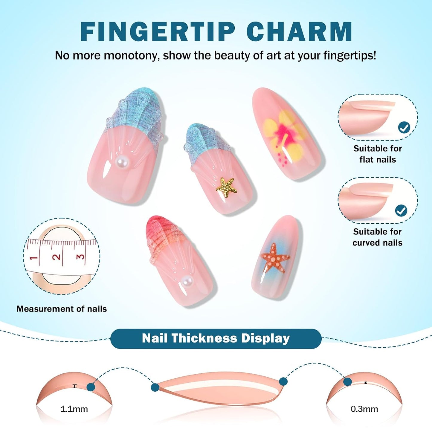 Colorful Summer Press-On Nails - Medium Almond Blue Ocean & Fish Designs | 30PCS Glossy Beach Nails for Women