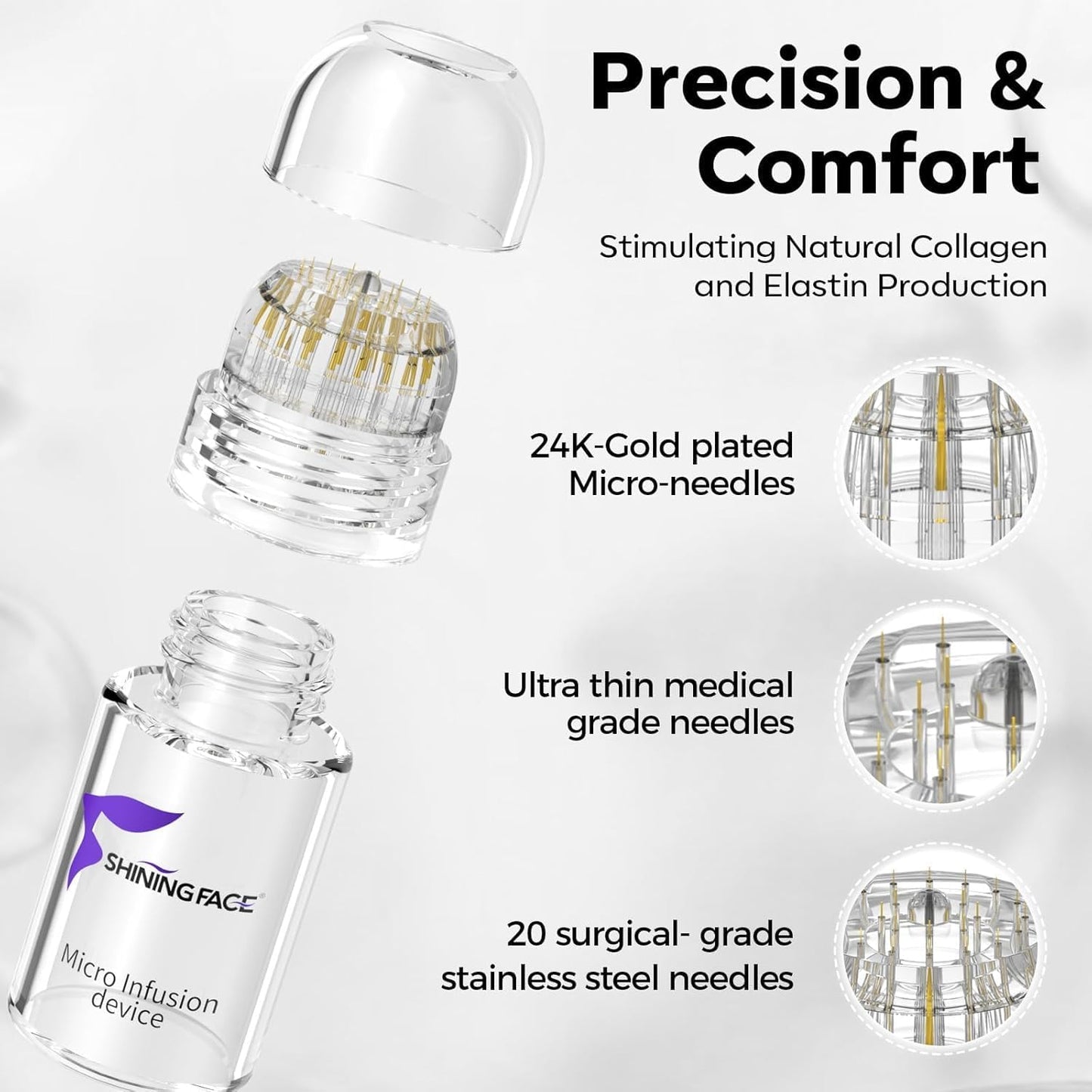 Micro Infusion System for Face & Neck | 0.25mm Facial Stamp with Collagen & Hyaluronic Acid Serum for Firmer, Smoother Skin - 1 Month Supply