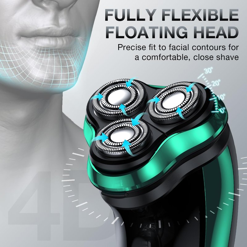 Electric Razor for Men, Cordless Rechargeable Rotary Shaver with Charging Stand, Wet & Dry IPX6 Waterproof Electric Shaver with Pop-Up Trimmer for Face & Travel (Green-1)