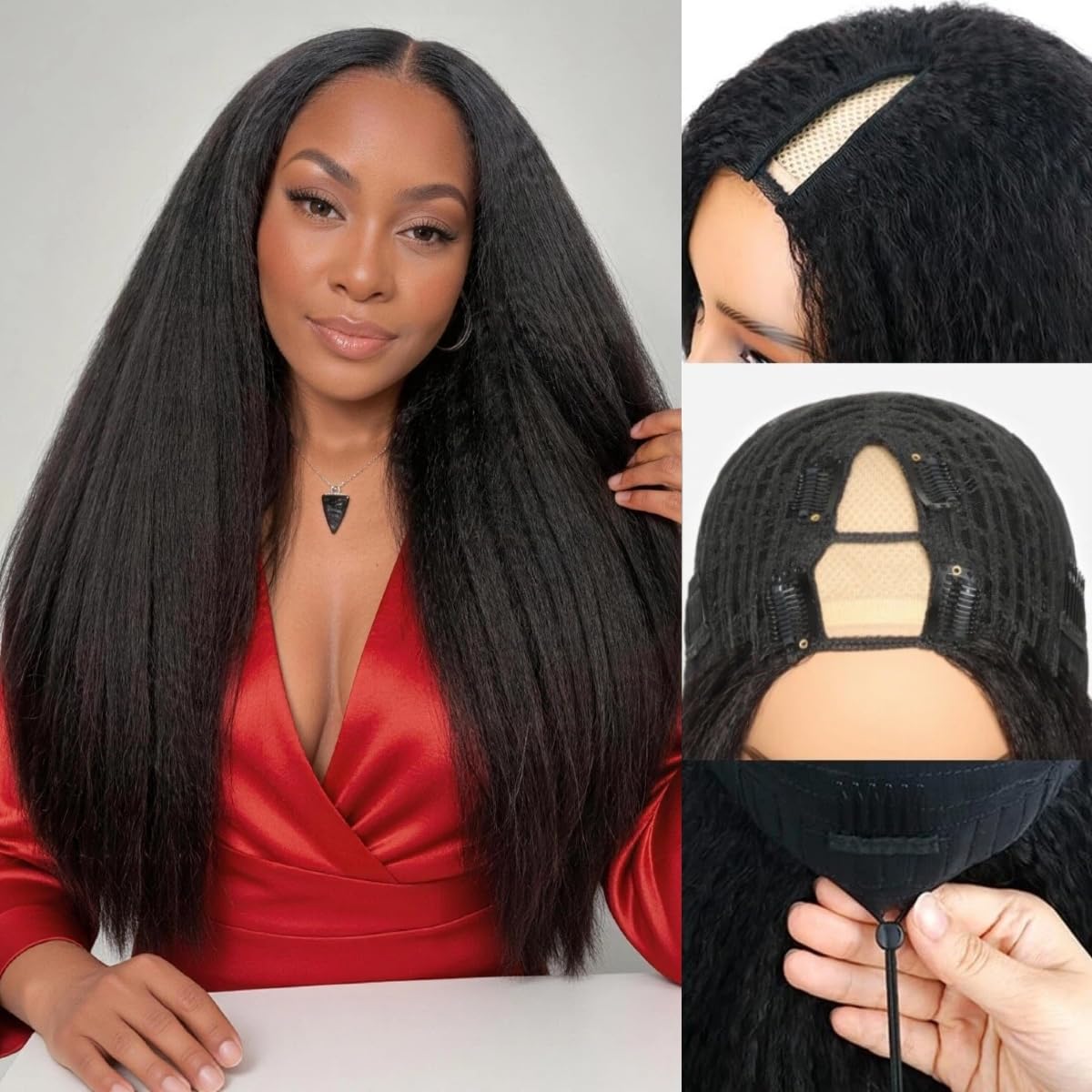 V Part Human Hair Wig - 250 Density 22 Inch Kinky Straight | Glueless, No Sew, Clip-In Design