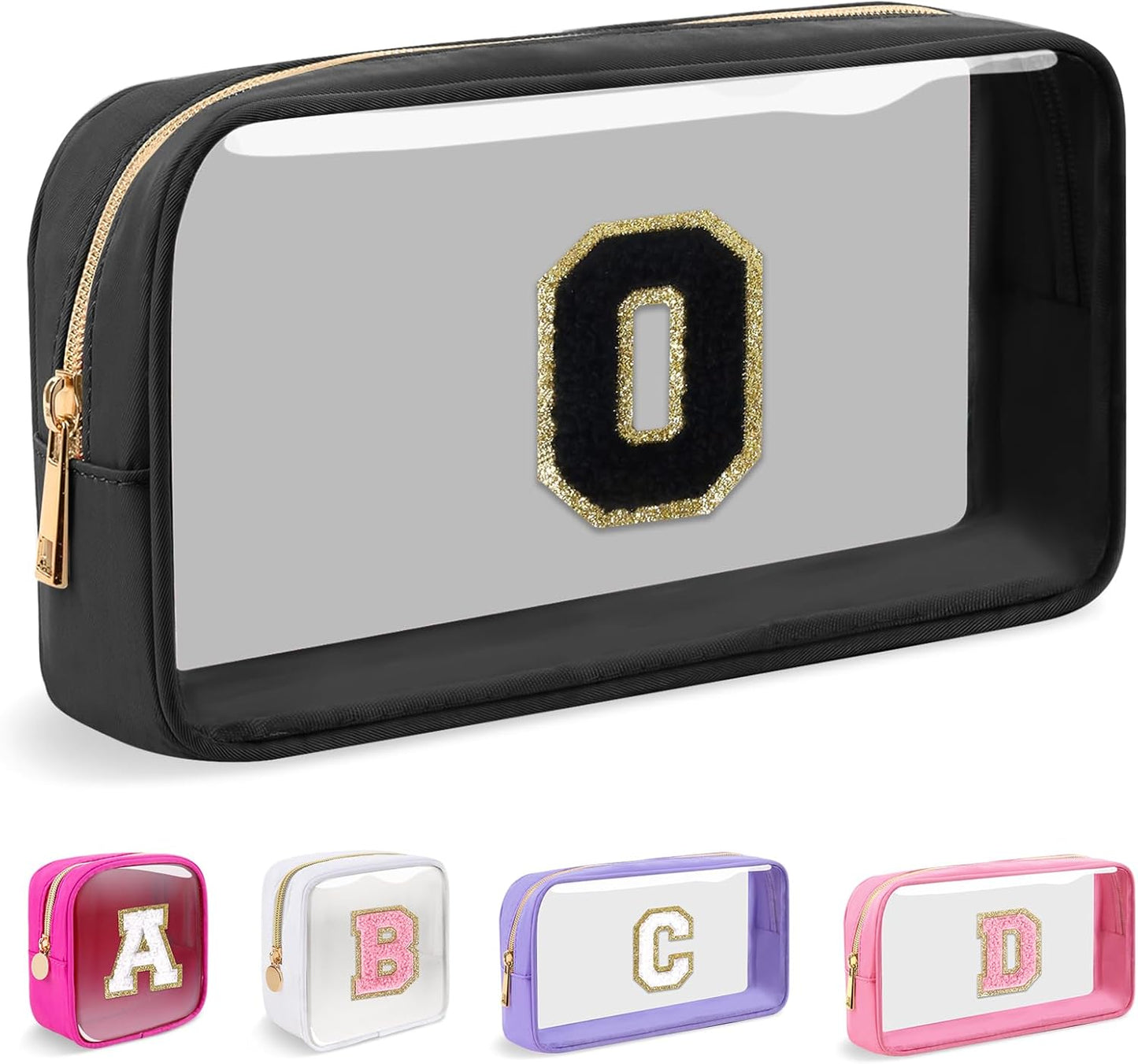 Personalized Initial Makeup Bag - Waterproof Nylon Cosmetic Pouch | A-Z Chenille Letter Patch, White-Pink G
