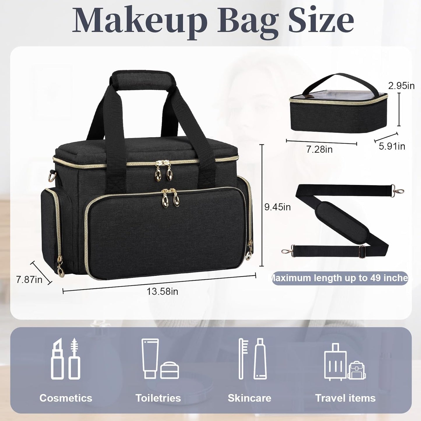 Large Makeup Bag Organizer - Portable Travel Cosmetic Case for Women | 2 Removable Pouches & Detachable Dividers - Black