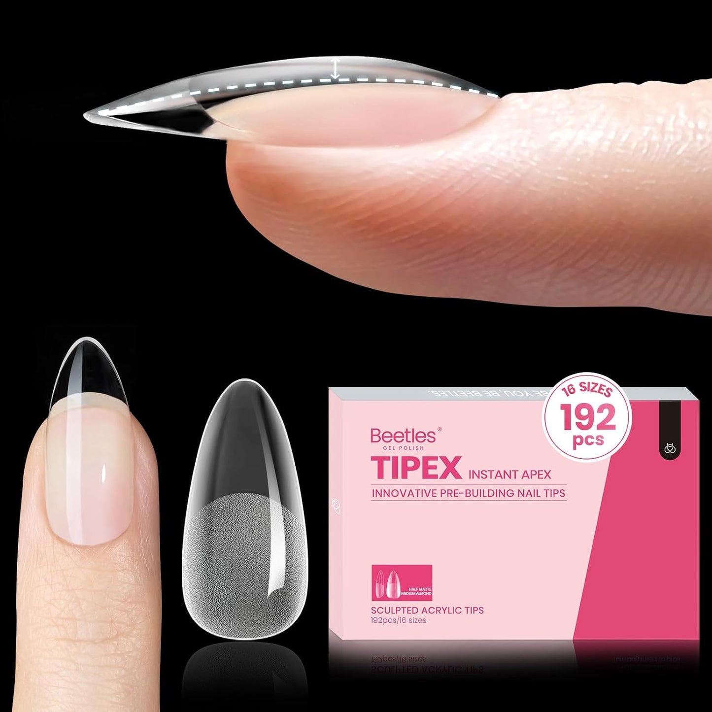 Beetles Instant Apex Nail Tips - Long Square Acrylic Tips, 192pcs, 16 Sizes 00–14 | No Builder Gel Needed