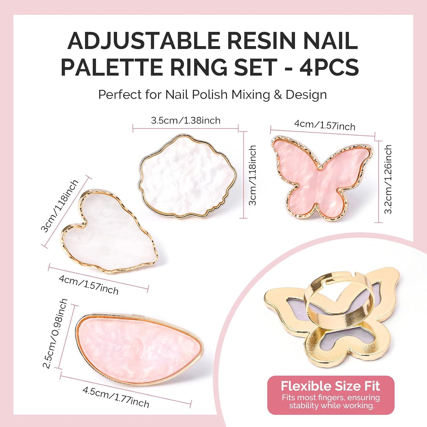 Adjustable Resin Nail Art Palette Finger Rings Set - 4PCS Mini Polish Mixing Holders for Gel & Acrylics | Non-Slip Design, Essential Tool for Professionals & DIY Artists