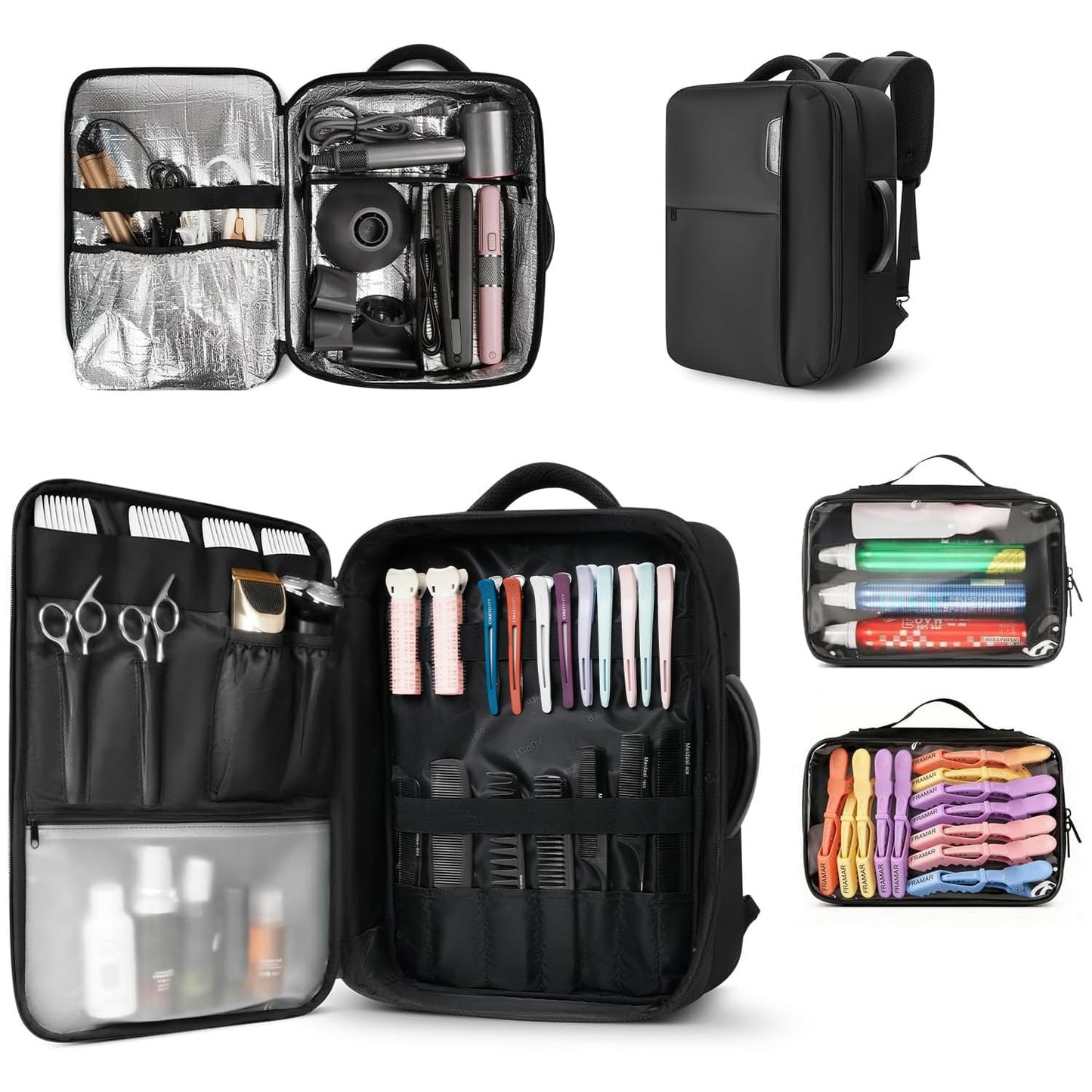 Barber Bag with 2 Pouches, Professional Hairstylist Travel Backpack with Adjustable Dividers, Hairdresser Hair Tools Bag with Insulated Pocket, Cosmetology Bags for Supplies, Water-resistant, Black