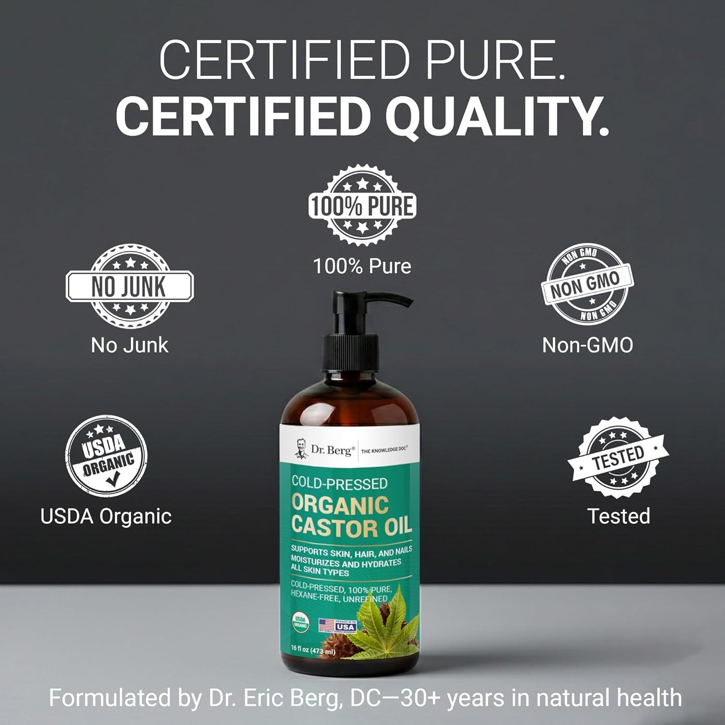 Organic Castor Oil - 16 fl oz Cold-Pressed Pure & Unrefined | USDA Organic, Lab Tested, Glass Bottle