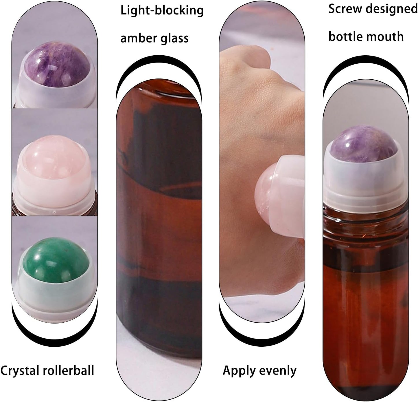 Large Amber Glass Roll-On Bottles for Essential Oils | 2-Pack Refillable Roller Ball Applicators with Purple Crystal Rollerball